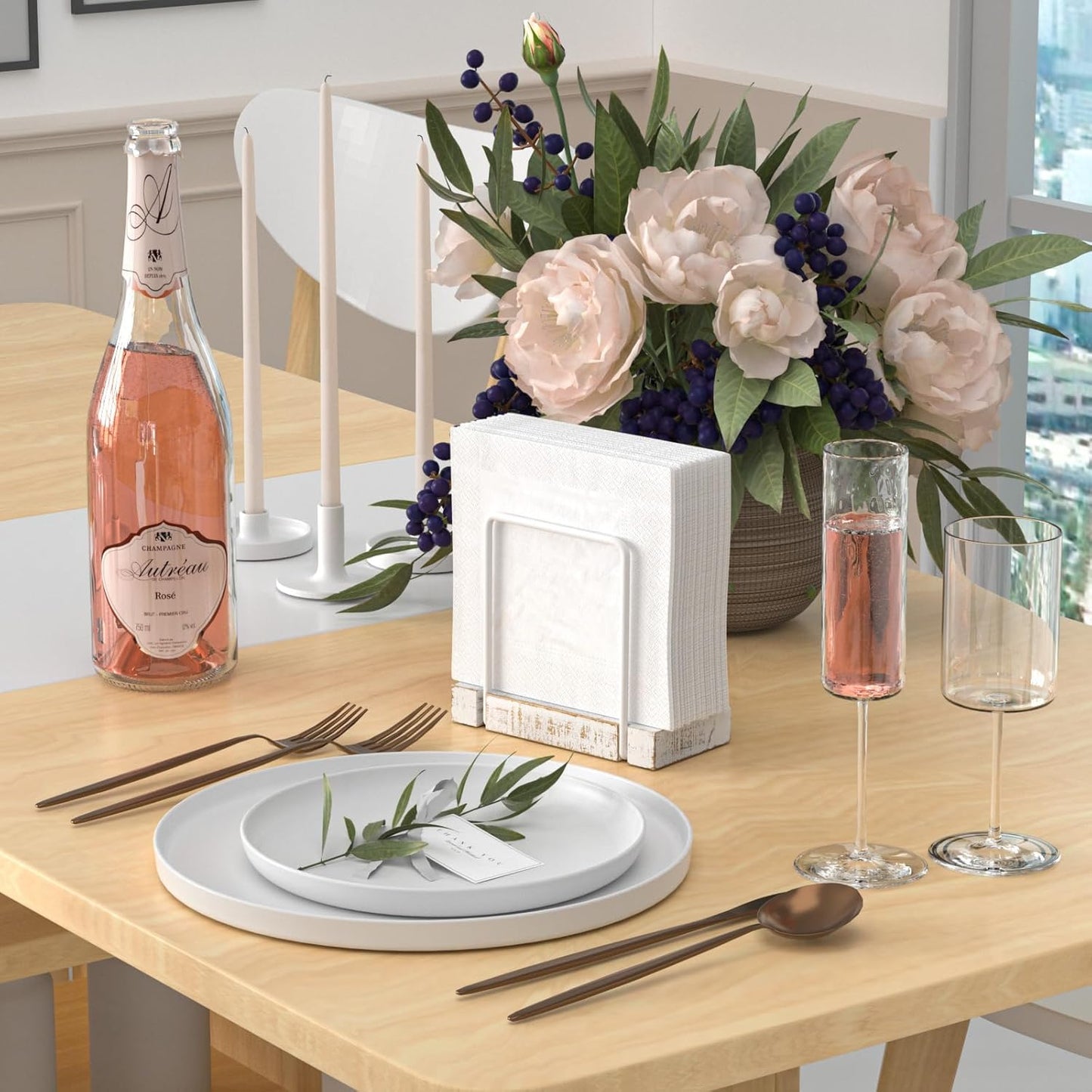 Napkin Holder for Table, Wood Iron Standing Napkin Dispenser for Dining Table Farmhouse Cocktail Picnic Rustic Wood Holders All Kitchen Dining Room Decor White & Farmhouse White