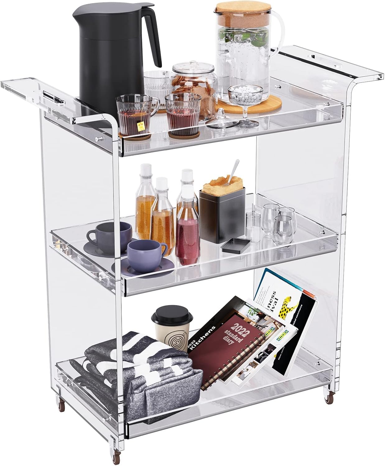 Acrylic Bar Cart, Serving Cart with Wheels Rolling Cart (Large)
