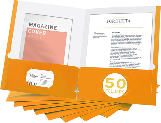 Zzrywuty File Folders with Pockets Letter Size, 50-Pack Paper Folders with Card Slot, Two Pocket Folders for School Students, Businessmen, Home and Office Workers (Orange)