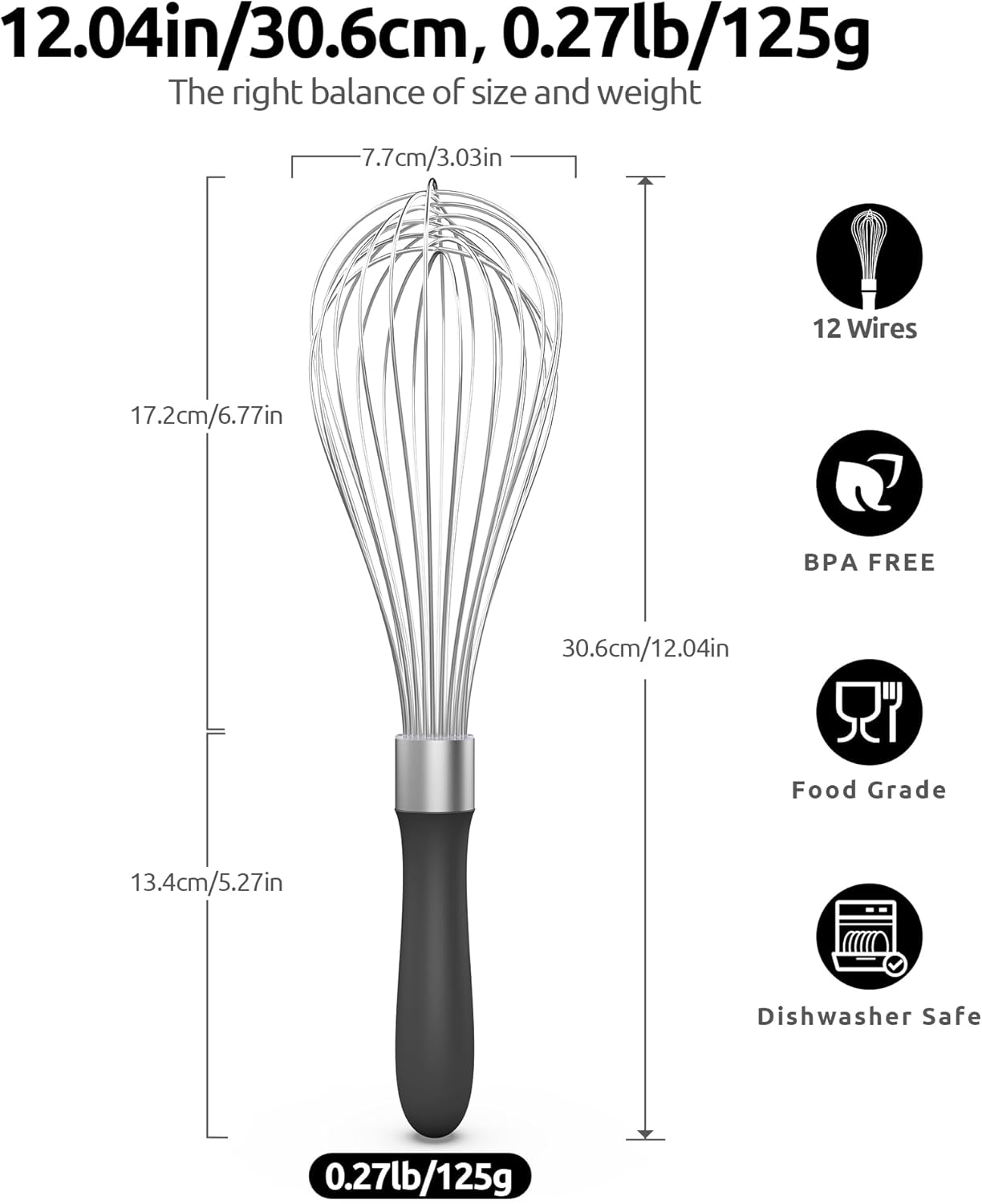 U-Taste Balloon Whisk for Cooking: 18/10 Stainless Steel Kitchen Wire Whisk, 12in Large Heavy Duty Egg Beater, Manual Mixing Tool with 12 High Flex Wires for Stirring, Blending Sauce (Black)