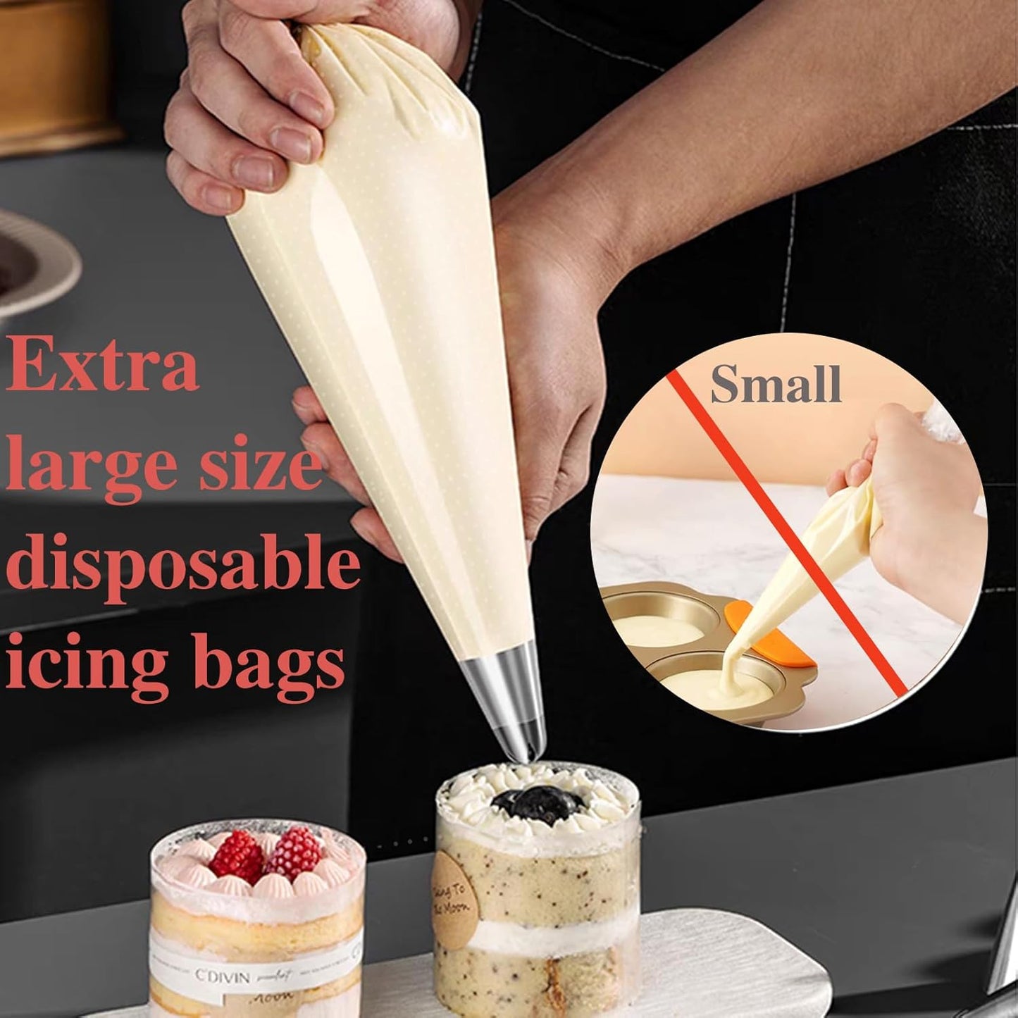 24 Inch Extra Large Piping Bags, 200 PCS Clear Disposable Icing bags, Thickened Non-Slip and Anti-Burst Pastry Bags for Baking and Decorating Desserts Cakes Cookie