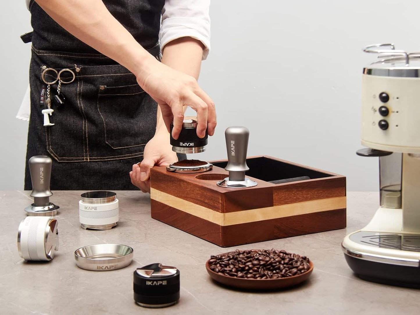 IKAPE 45mm Espresso Tamper, Premium Barista Coffee Tamper with Calibrated Spring Loaded, 100% Flat Stainless Steel Base Tamper for Espresso Machine