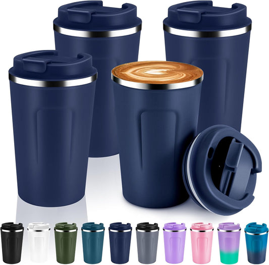 Volhoply 12 oz Double Wall Insulated Vacuum Travel Coffee Mug with Flip Lid Bulk 4 Pack,Reusable Stainless Steel Leak Proof Coffee Cups,Portable Cafe Thermal Tumbler for Hot & Cold Drinks(Navy,4 Set)