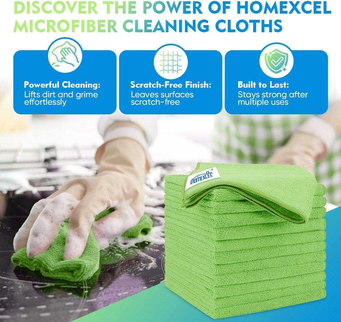 HOMEXCEL Green Microfiber Cleaning Cloth 12 Pack, 12.5 x 12.5 inch Microfiber Towels for Cars, Ultra Absorbent Car Washing Cloth, Lint Free Streak Free Cleaning Rags for Car, Kitchen, and Window