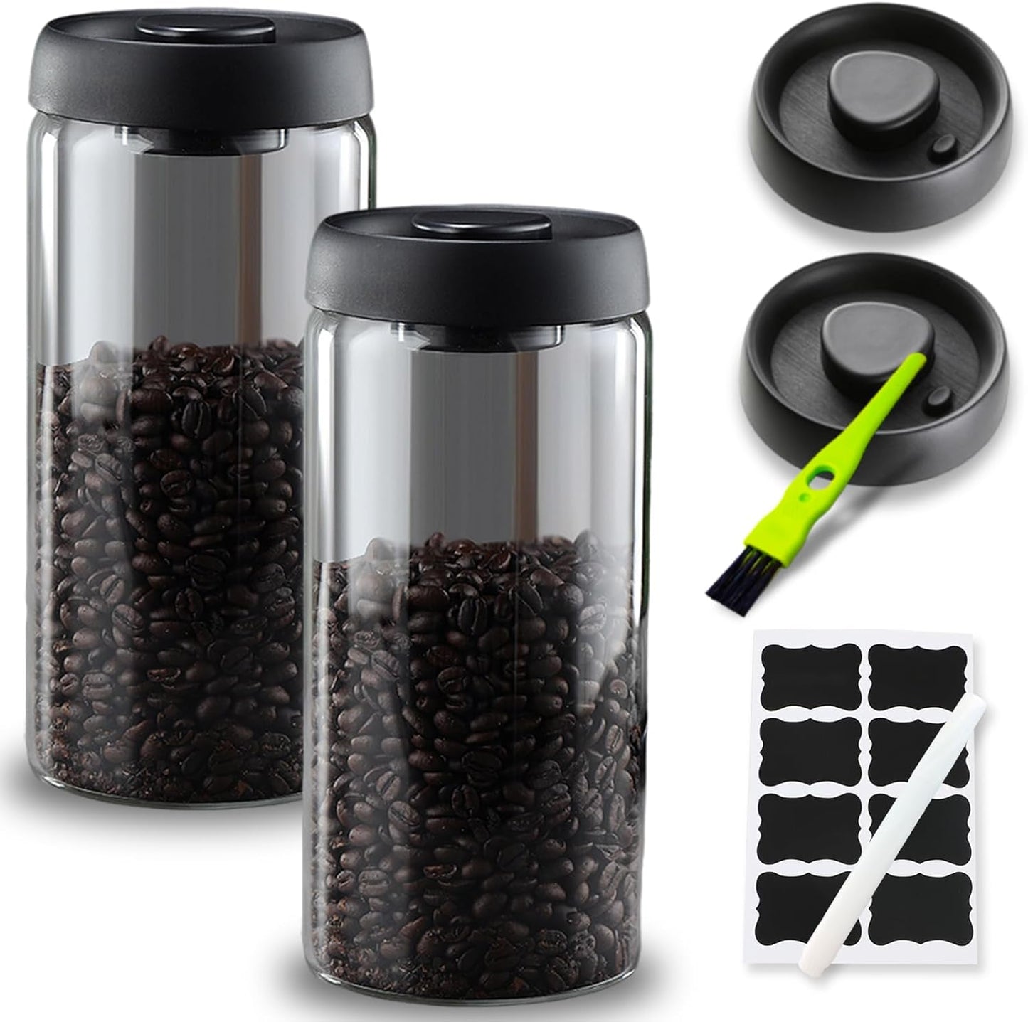 Vacuum Coffee Canister,2PCS 61FLOZ Borosilicate Glass Jar with Spare Airtight lid, Label & Brush, Coffee Bean Storage for Coffee Beans & Grounds (Shade Glass)