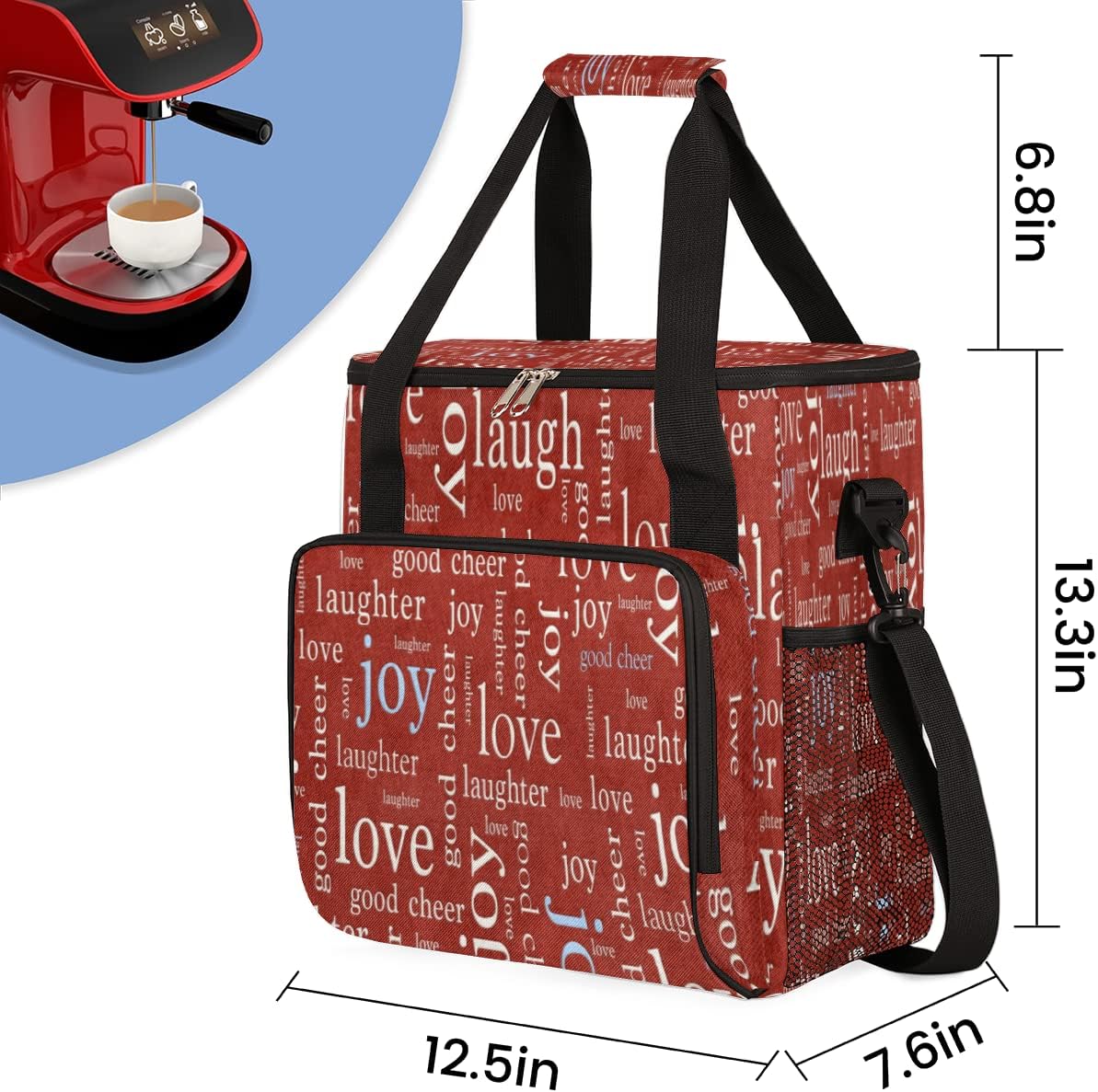 Love Joy Laugh Letter Red Coffee Maker Carrying Bag, Coffee Machine Travel Storage Tote Bag Compatible with K-Mini or K-Mini Plus, Portable Single Serve Coffee Brewer Case with Pockets for K-Cup Pods