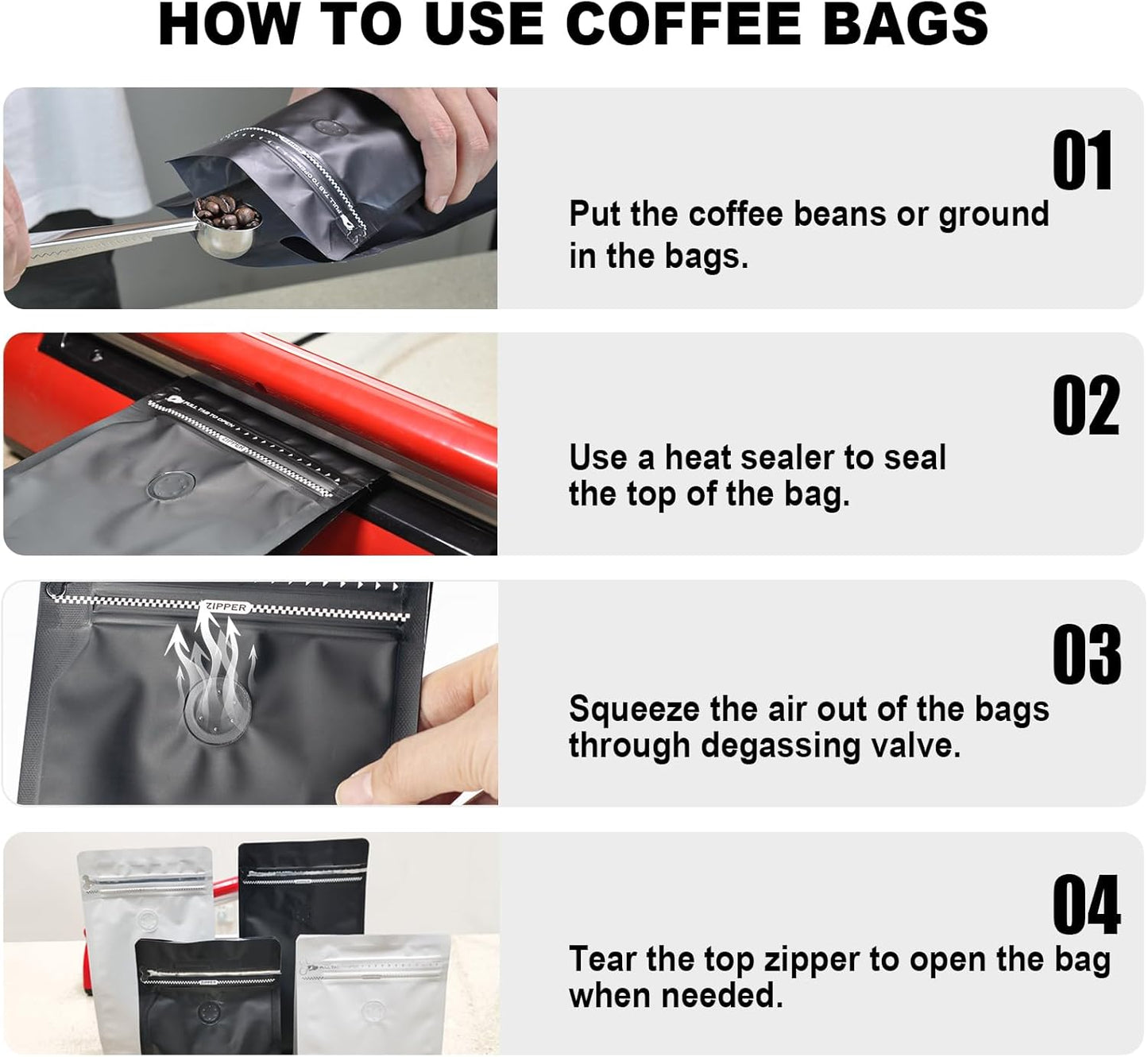 Coffee Bags with Valve(60pcs,8 oz,1/2 lb) Vented Coffee Beans Packaging Bags High Barrier Aluminumed Foil Flat Bottom Heat Sealed Side Zipper Resealable Storage Bag for Home or Business (White+Red）