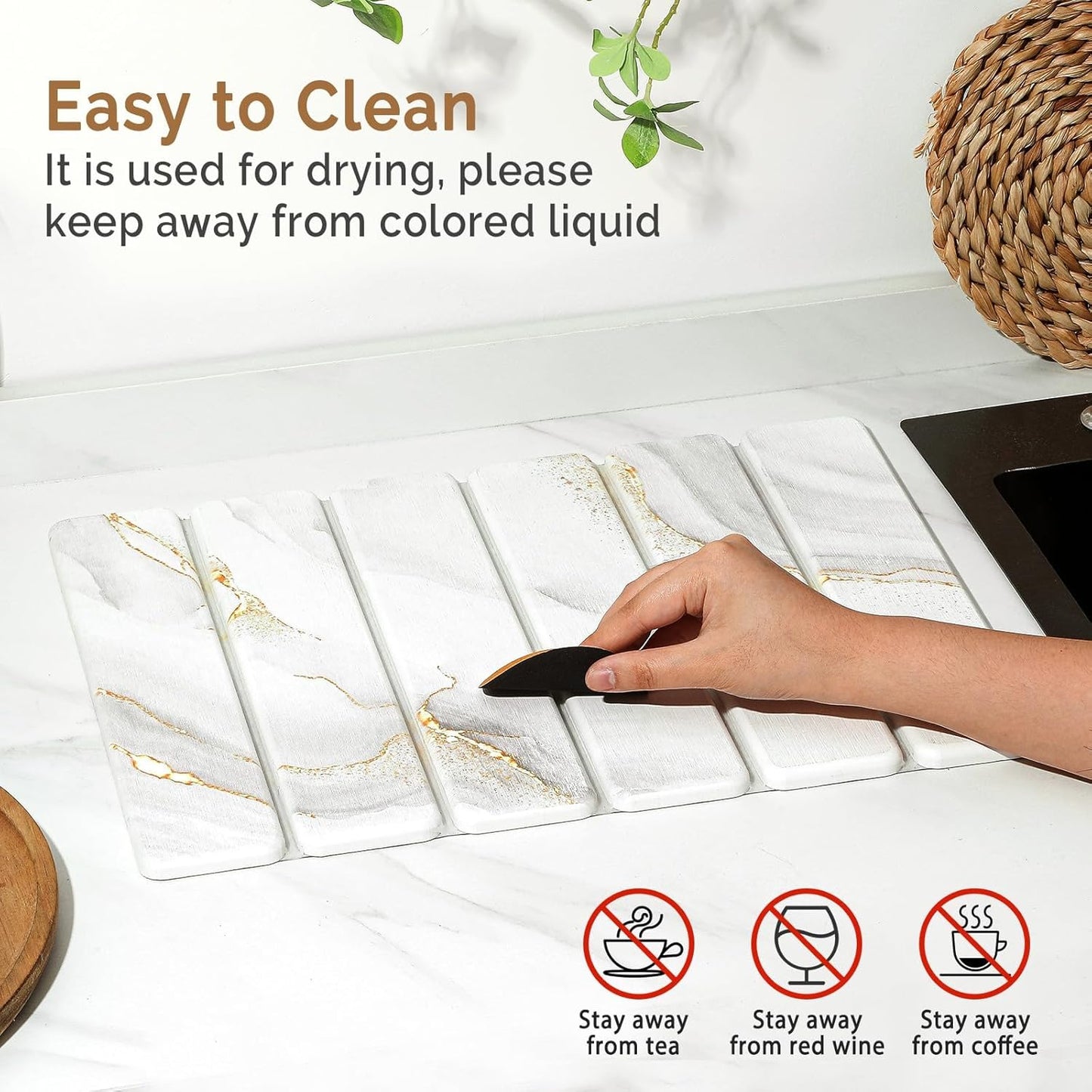 2 PCS Stone Dish Drying Mat for Kitchen Counter,Quick Dry Stone Dishes Mats,Marbled Water Absorbing Diatomaceous Earth Drying Pad for Countertop Bottles Utensils Cups(Gold White 16"×12" & 8"x4")