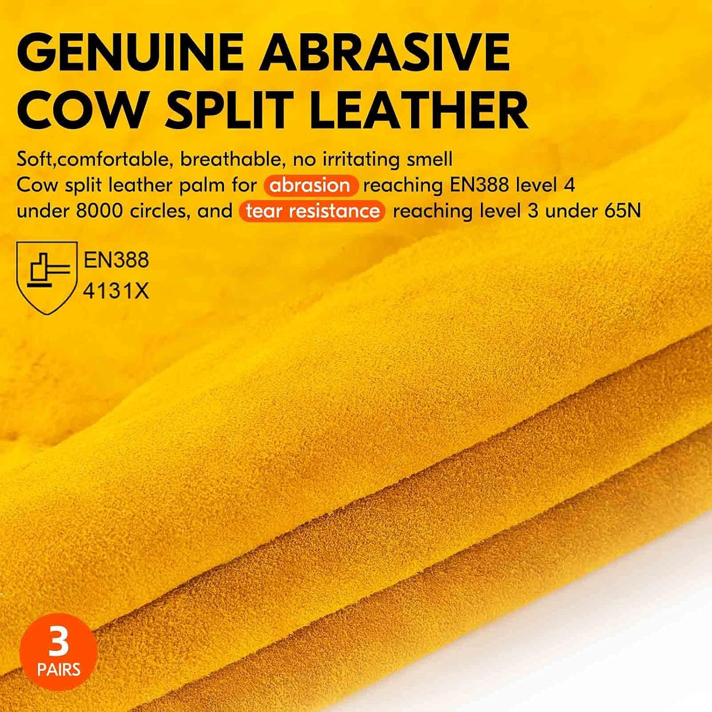 Vgo... 3-Pairs Unlined Cowhide Split Leather Work and Driver Gloves, for Heavy Duty, Truck Driving, Warehouse, Gardening, Farm (Size M, Gold, CB9501)