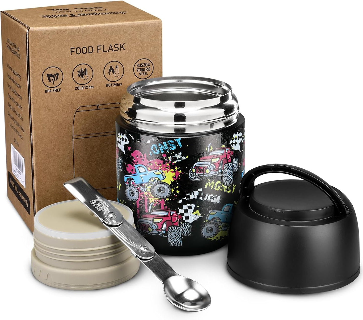 17 oz Insulated Lunch Containers Hot Food Jar, Wide Mouth Lunch Thermo for Kids Adults, Vacuum Stainless Steel Lunch Box With Handle Folding Spoon for School, Office Black - Car