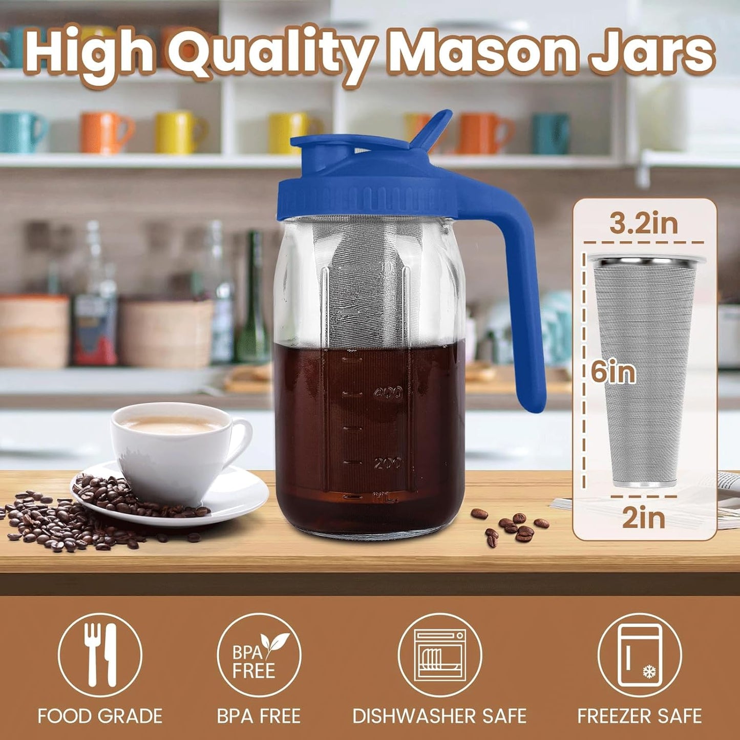 Cold Brew Coffee Maker,32 oz Mason Jar Pitcher with Stainless Steel Filter, Pour Spout Handle Lid, Heavy Duty Glass Airtight & Leak-Proof Pitcher for iced coffee Tea Lemonade-Blue