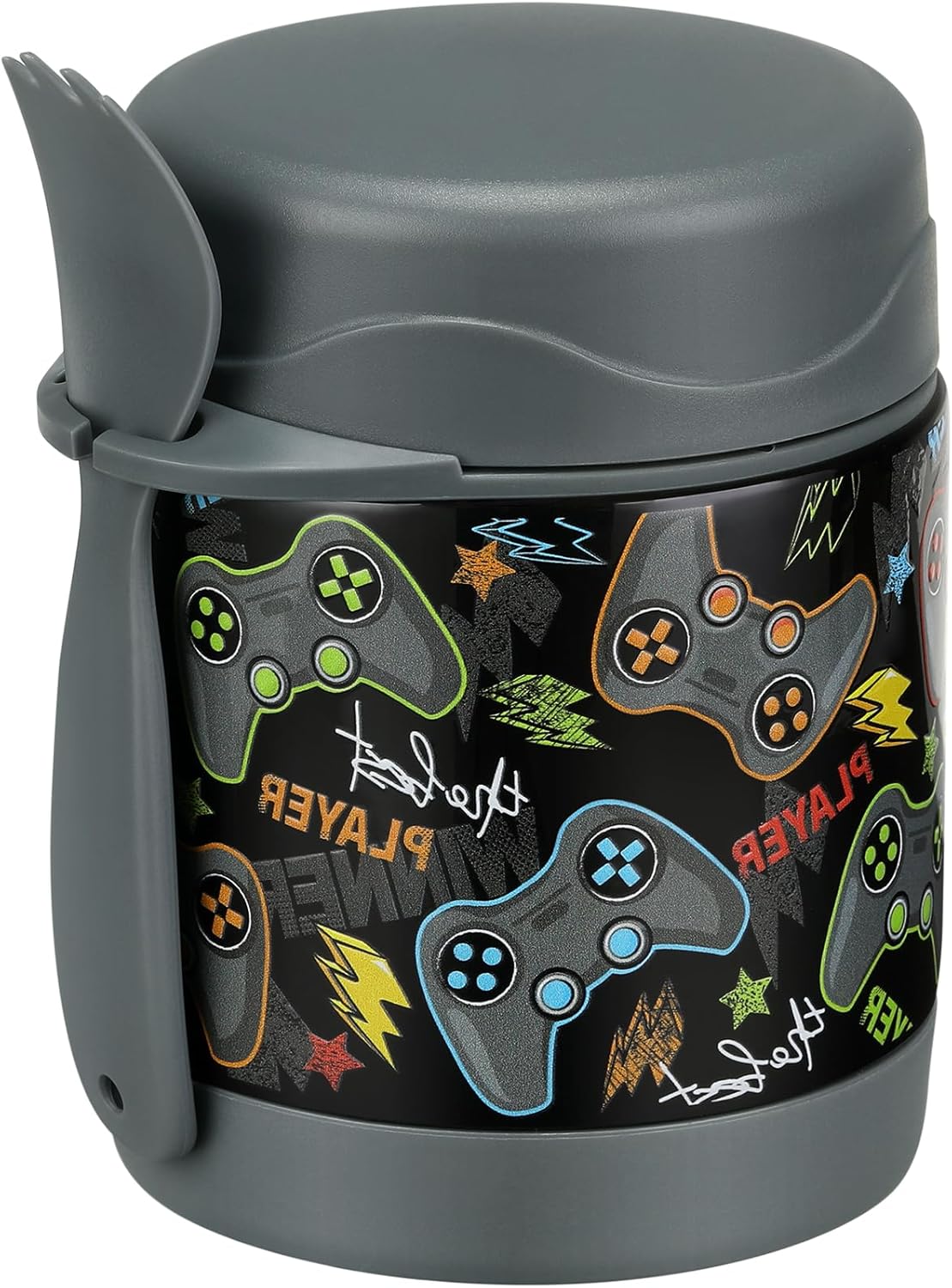 10oz Soup Thermo for Hot Food Kids,Lunch Thermo Kids Food Jar with Spoon Hot Insulated Food Containers,Leak Proof Stainless Steel Wide Mouth Lunch Food Thermo Jar for School(Black-Game Console)