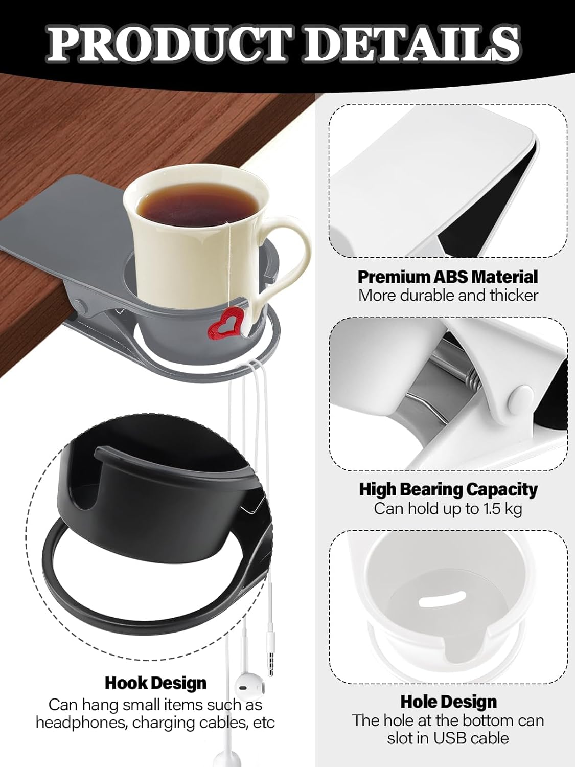 3PCS Drinking Cup Holder Clip Kalolary Chair Desk Bottle Cup Stand DIY Glass Clamp Storage Saucer Clip with Groove for Potted Plant Beverage Coffee Mug Holder Clip for Home & Office (Black White Grey)