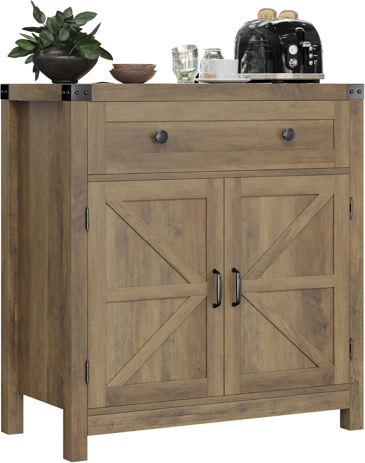 HOSTACK Coffee Bar Cabinet, Kitchen Storage Cabinet, Modern Farmhouse Buffet Sideboard with Drawer and Adjustable Shelf, Barn Door Accent Cabinets for Kitchen, Dining Room, Entryway,Rustic Brown