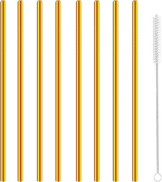 Stainless Steel Straws Metal Reusable Drinking Straw for Juice Iced Coffee Cold Beverage Water Highball Glasses 20oz Tumblers Mugs Cups, 0.24" 6mm Wide 215mm Long, Set of 8 with Brush, Gold