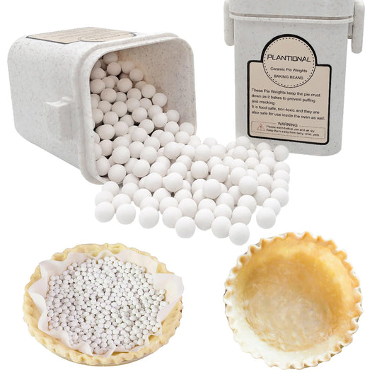 PLANTIONAL Ceramic Pie Weights, 1.32Lb Reusable 10mm Baking Beads with Wheat Straw Container, Natural Ceramic Stoneware Baking Beans for Pie Crust Pastry (Beige)