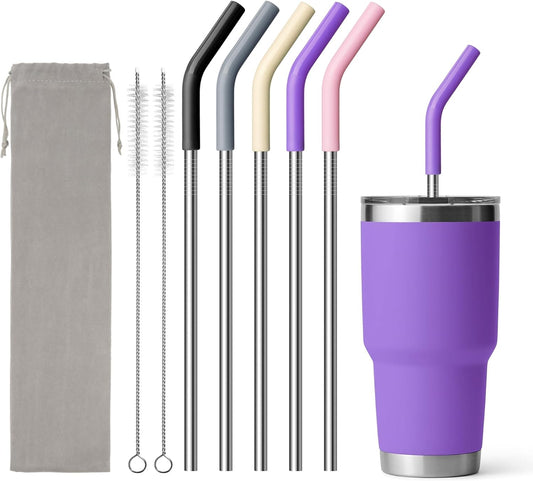 Stainless Steel Straw for 30 oz YETI and Simple Modern 24 oz Tumbler, Metal Straws Reusable With Silicone Tip for 32oz Glass, Cleaning Brush, 1 Portable Bag