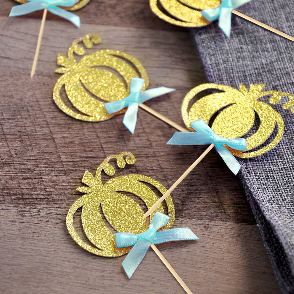 24pcs Pumpkin Cupcake Toppers, Fall Theme Cake Decoration for Baby Shower Party Supplies (Blue Bow)