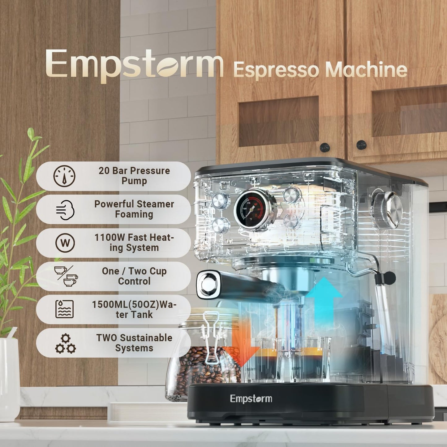 Black Espresso Machine with Milk Frother, Cappuccino Machines for Home, Coffee Espresso Machine Suitable for Coffee Powder/NS Original Capsules, Espresso Maker with Thermometer