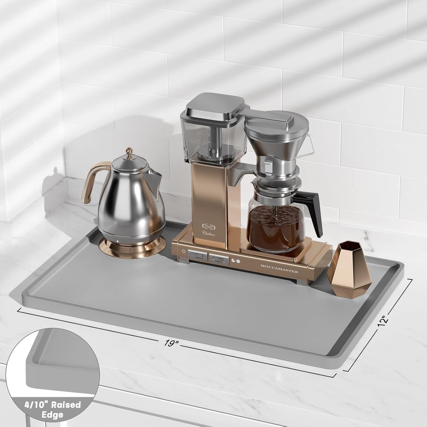 Rnivvi Silicone Coffee Mat, 12" x 19" Waterproof Raised Edge Coffee Bar Mats for Espresso Machine Station Accessories, Heat Resistant Dish Drying Pad for Kitchen Counter, Rubber Bar Decor Pad, Gray