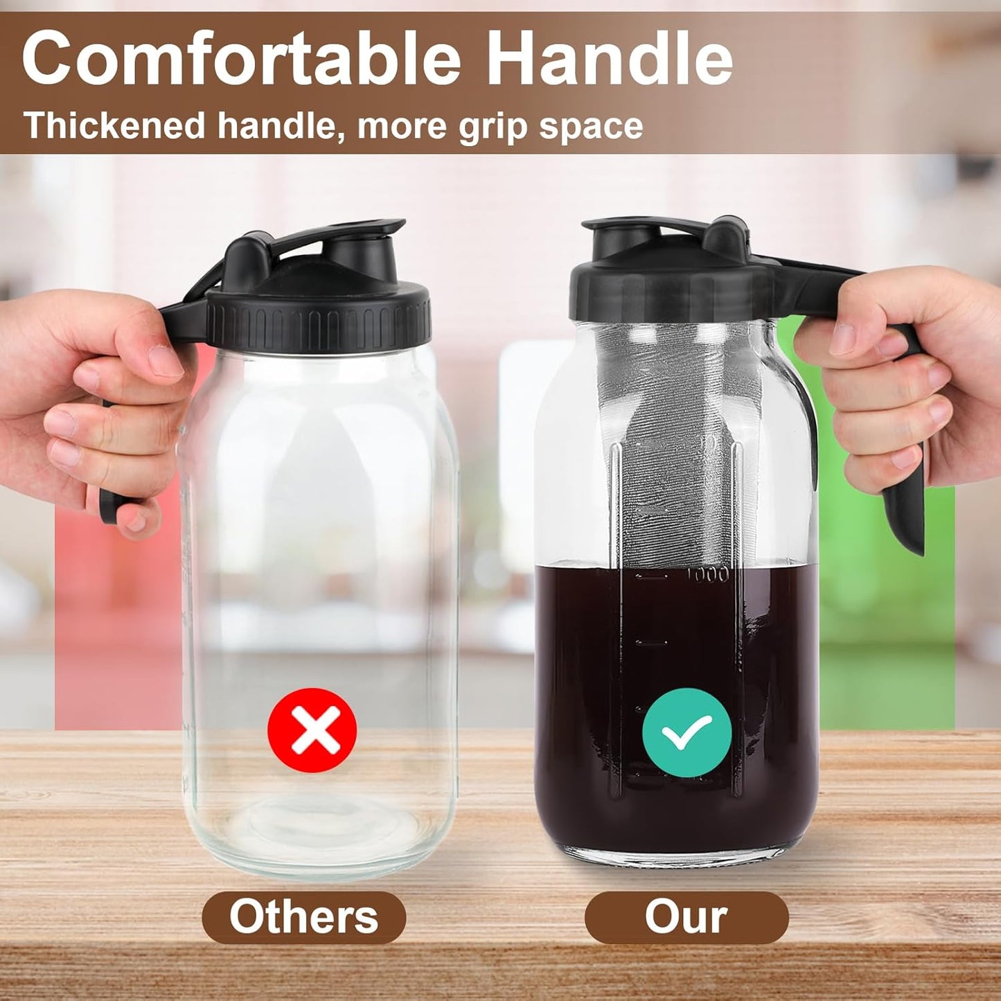 Cold Brew Coffee Maker Pitcher, 64 Oz Heavy Duty Glass Mason Jar Pitcher with V-shaped Pour Spout Handle Lid,Stainless Steel Filter for Iced Coffee,Iced tea,Fruit Drinks,lemonade - Black