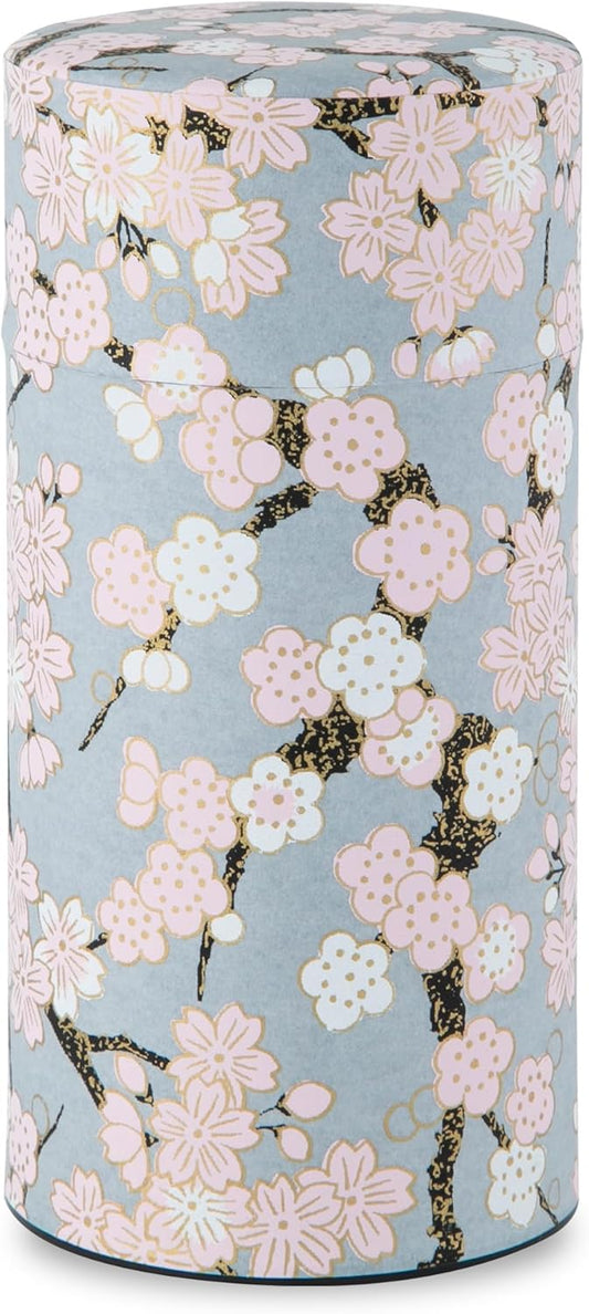 Japanese Tea Canister Tin ( Yuzen Washi Paper - Plum and Sakura / Gray ), 7.06oz Size / Made in JAPAN with Includes Inner Lid of Airtight Damp-Proof / Kitchen Jar for Loose Leaf Coffee Tea Spice and