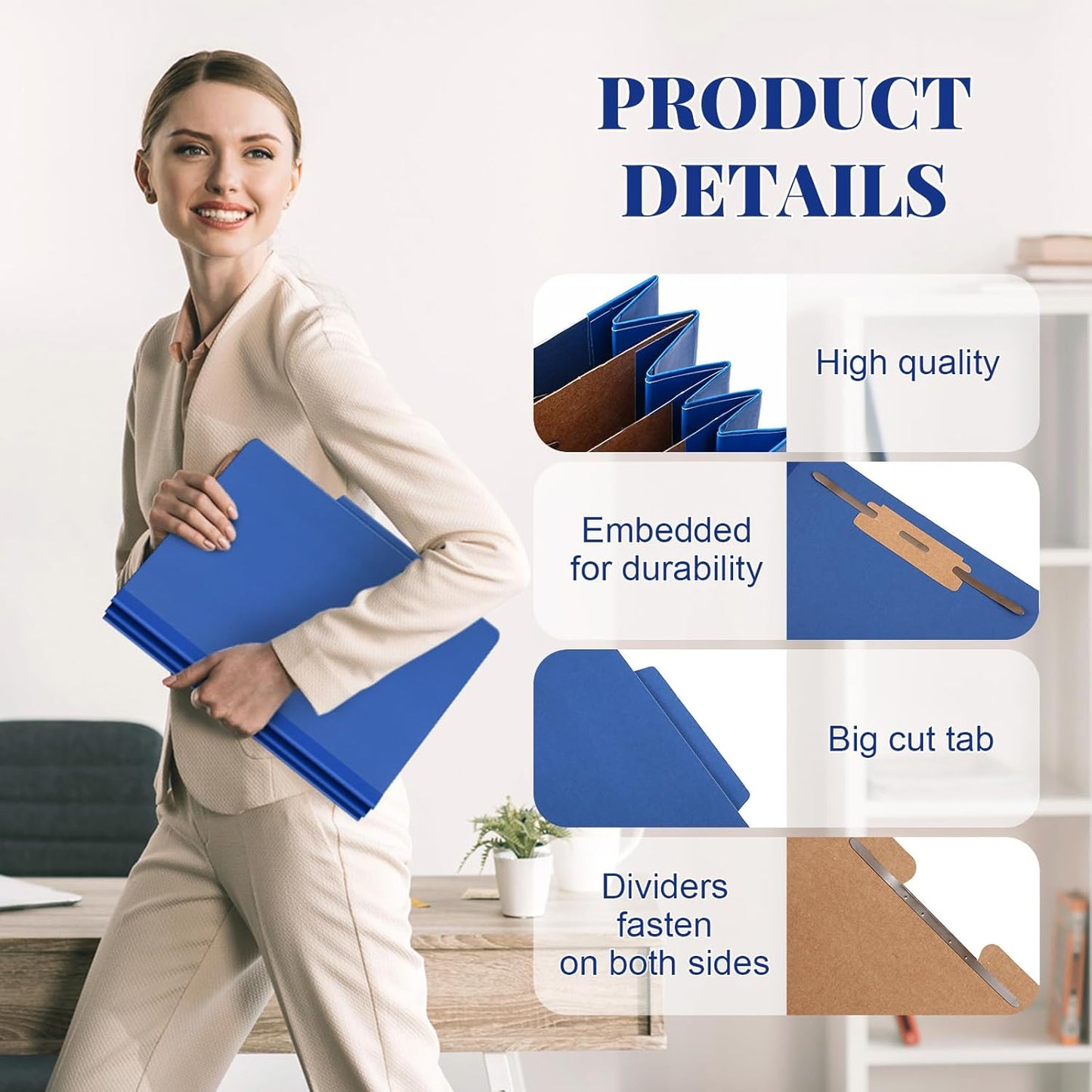 60 Pcs Classification Folders Letter Size, Back to School Supply for Teacher, Student, 3 Dividers Pressboard File Folder Bulk with 2 Fasteners, 3.5 Inch Expanding File Organizer (Dark Blue)