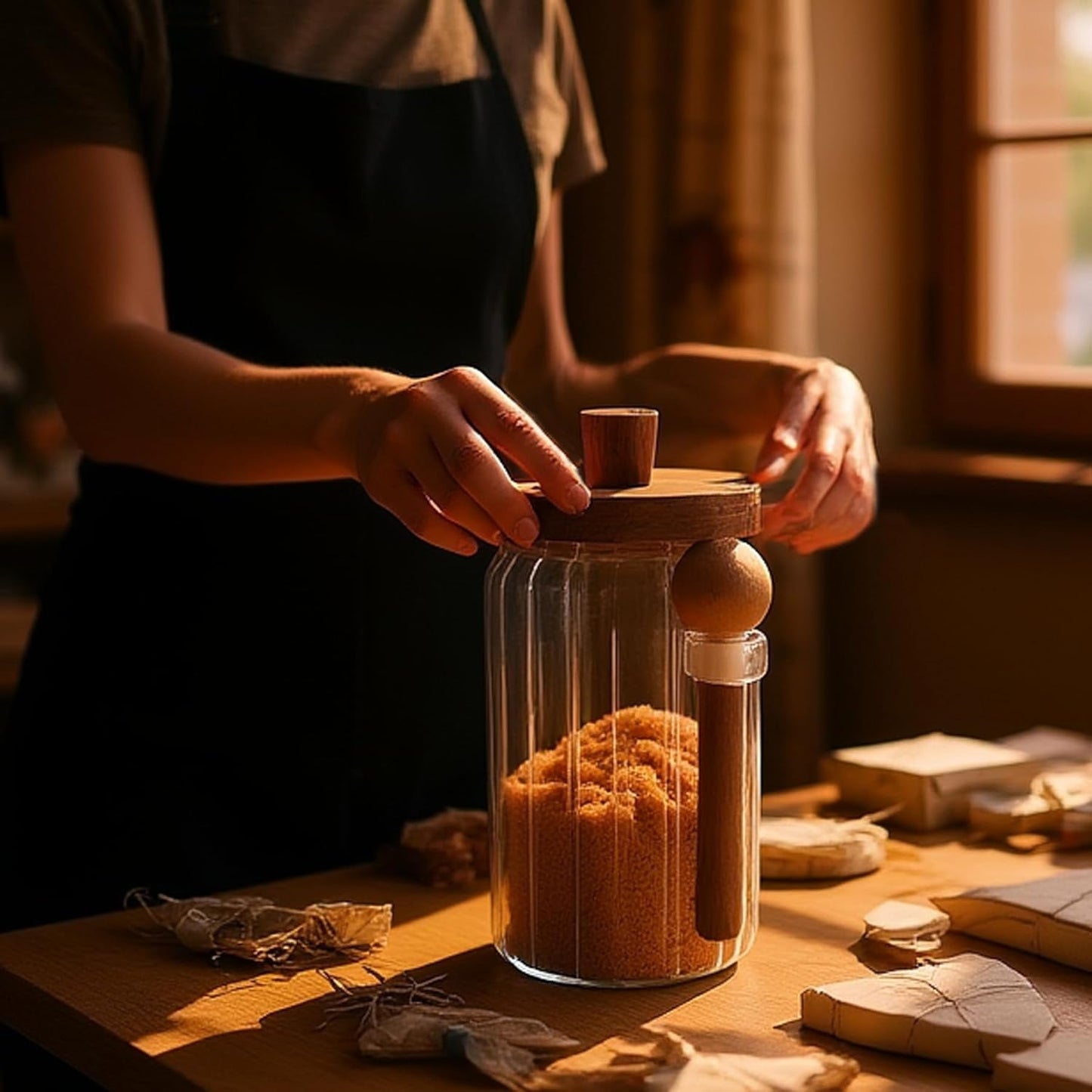 Set of 3 Glass Food Storage Jars with Handles Wood Lid and Spoon, 25 oz Glass Kitchen Canisters for Coffee, Tea, Cereal, Spice and Canning, Mason Jars, Cute Jar