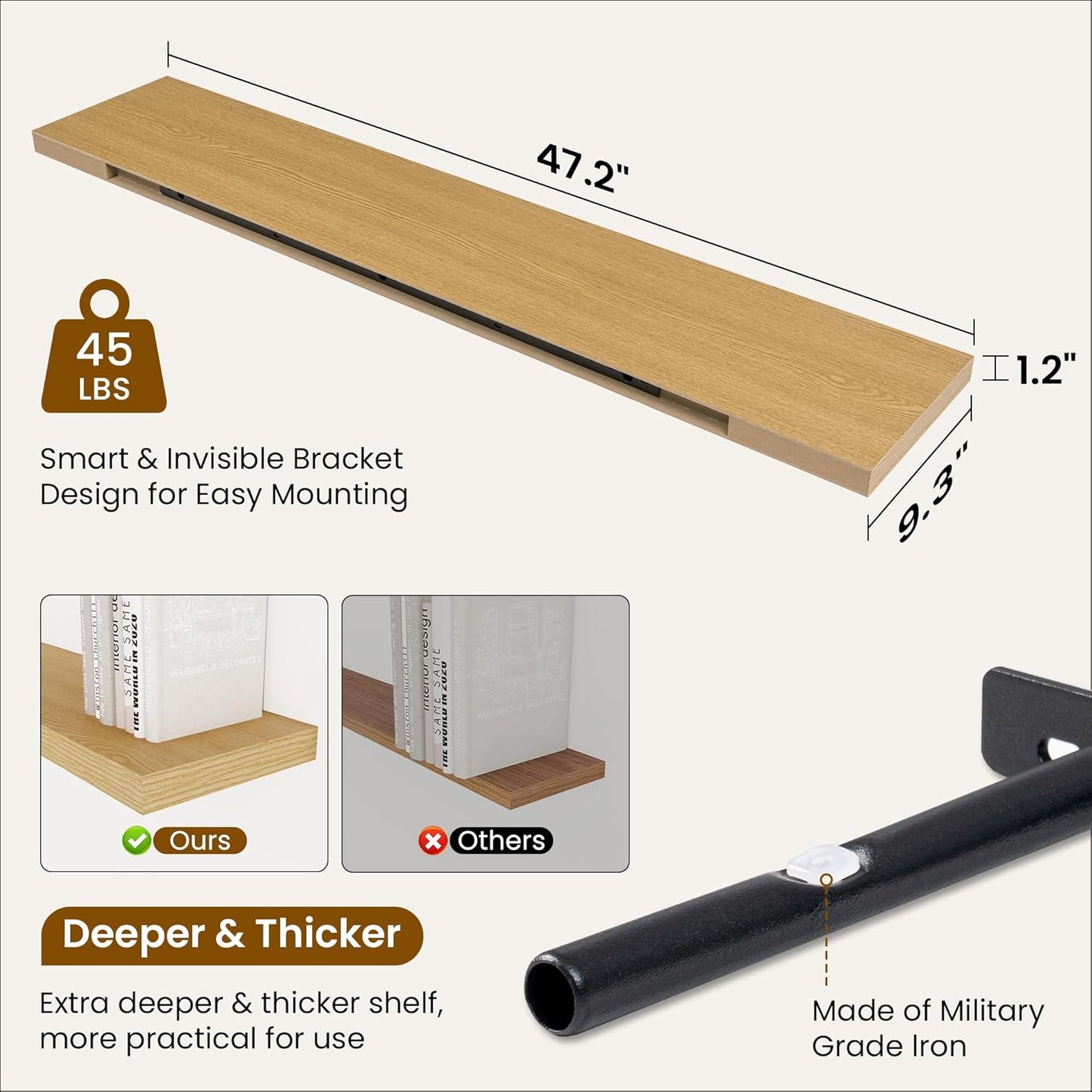 Fun Memories 48 Inch Deep Floating Shelves for Wall, 2 Pack of Long Wall Mounted Wood Shelves with Invisible Brackets for Bathroom, Bedroom, Living Room, Kitchen Decor and Storage, Oak