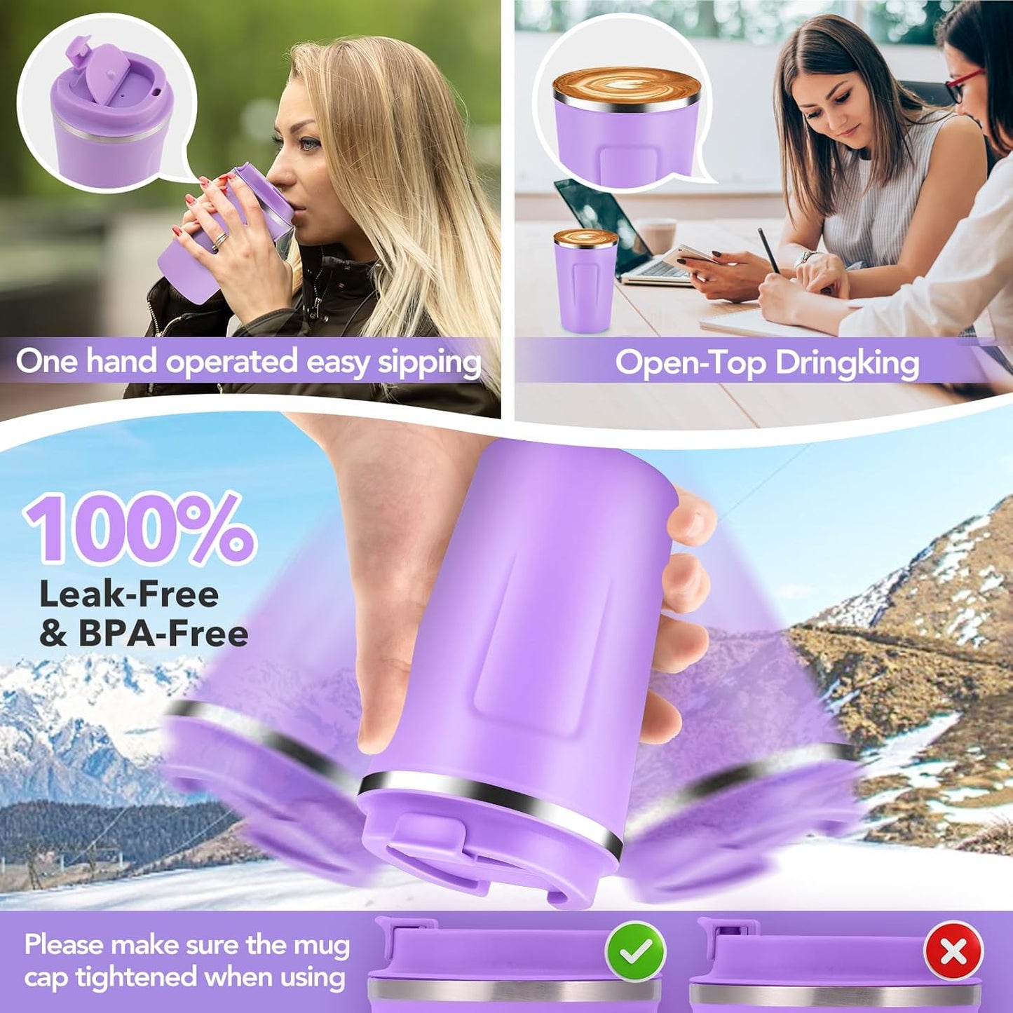 Volhoply 12 oz Double Wall Insulated Vacuum Travel Coffee Mug with Flip Lid Bulk 4 Pack,Reusable Stainless Steel Leak Proof Coffee Cups,Portable Cafe Thermal Tumbler for Hot&Cold Drinks(Purple,4 Set)