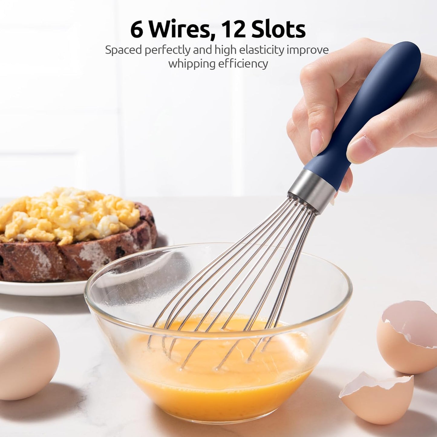 U-Taste 9" Small Egg Whisk: 18/10 Stainless Steel Kitchen Cooking Wire Balloon Wisk, Heavy Duty Metal Beater Stirrer, Manual Baking Tool with 6 Flex Wires for Mixing, Blending Sauce (Midnight Blue)