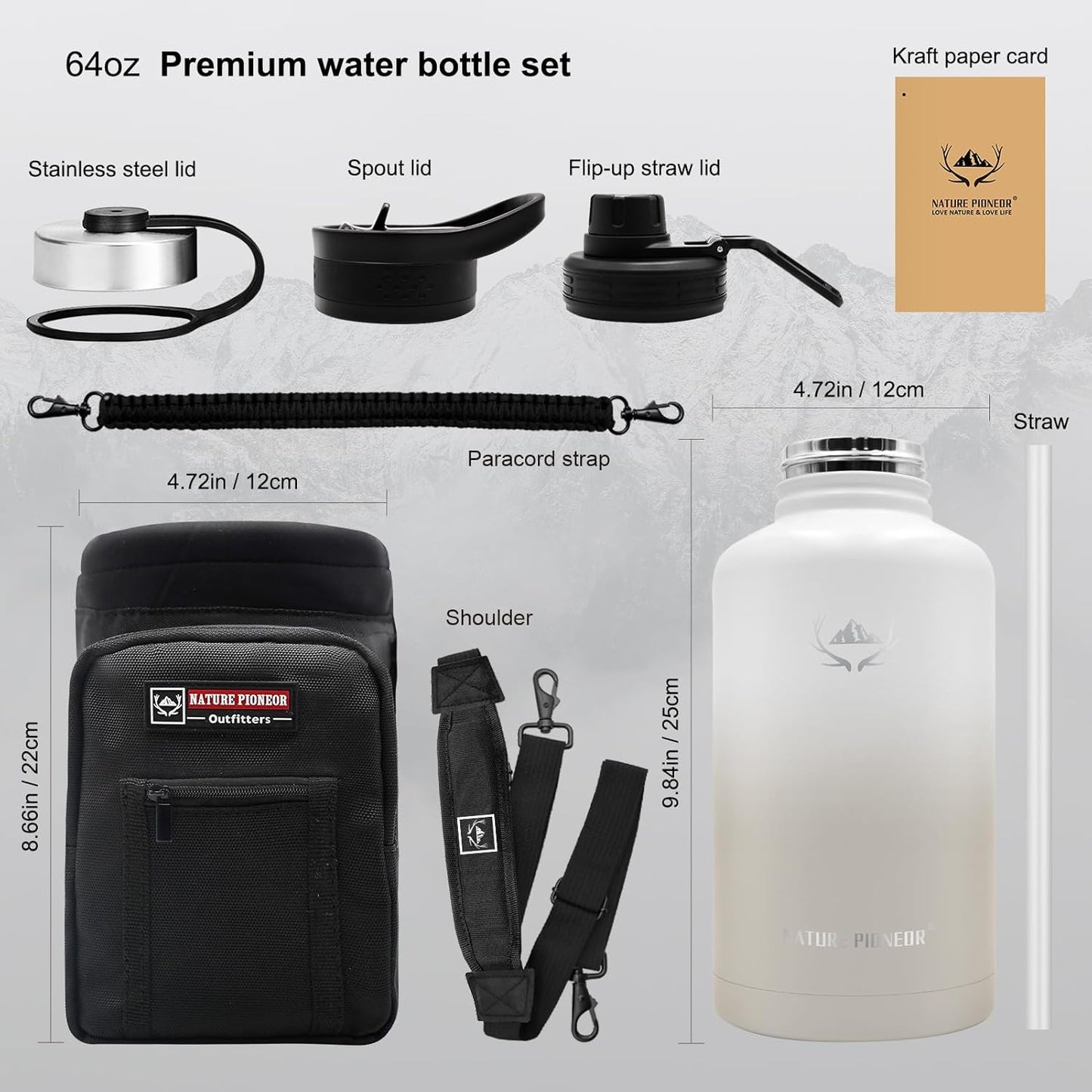 NATURE PIONEOR Insulated Water Bottles with Straw - 64oz Stainless Steel Vacuum Bottle with Holder/Carrier/Sleeve - Reusable 18/8 Food Grade Half Gallon Water Jug