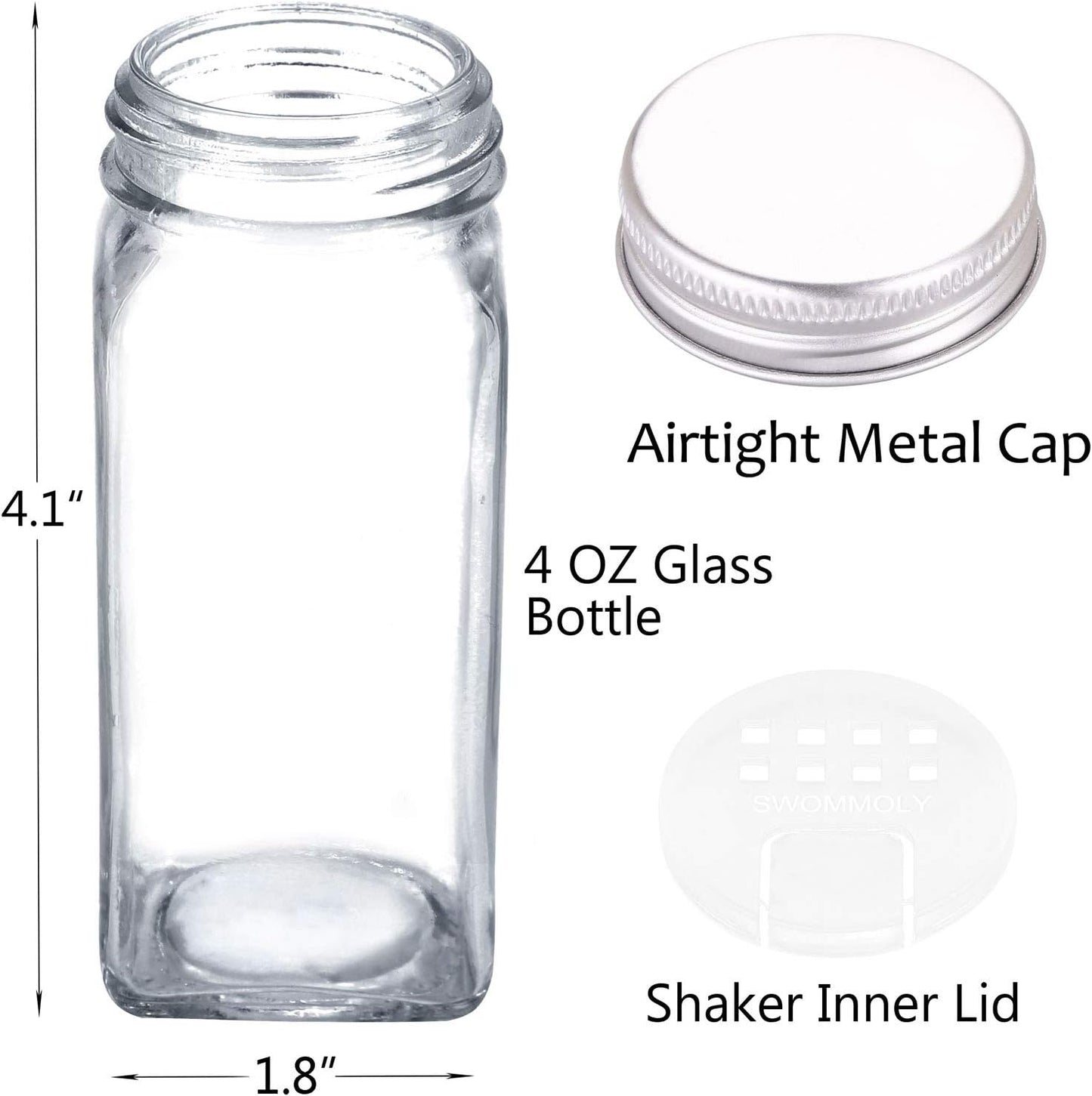 SWOMMOLY 25 Glass Spice Jars with 703 Spice Labels, Chalk Marker and Funnel Complete Set. 25 Square Glass Jars 4OZ, Airtight Cap, Pour/sift Shaker Lid