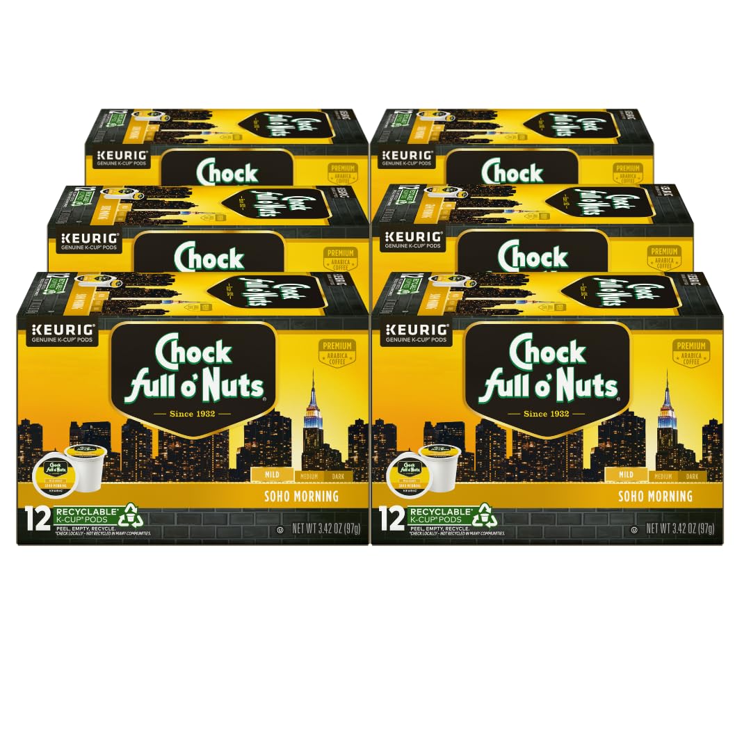 Chock Full o'Nuts Soho Morning Coffee, Mild Roast, Compatible with K-Cup Pods, 12 CT (Pack of 6)