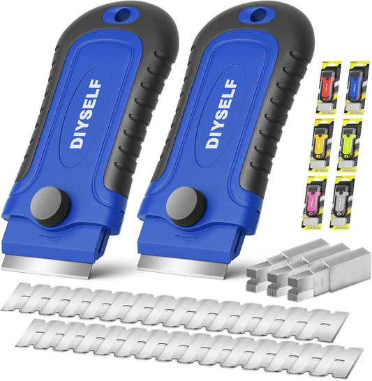 DIYSELF 2 Pack Razor Blade Scraper with 30 Pcs Extra Blades, Scraper Tool for Cleaning, Glass, Stickers, Paint Scraper, Razor Scraper, Glass Scraper, Razor Scraper Tool, Glass Stove Top Scraper