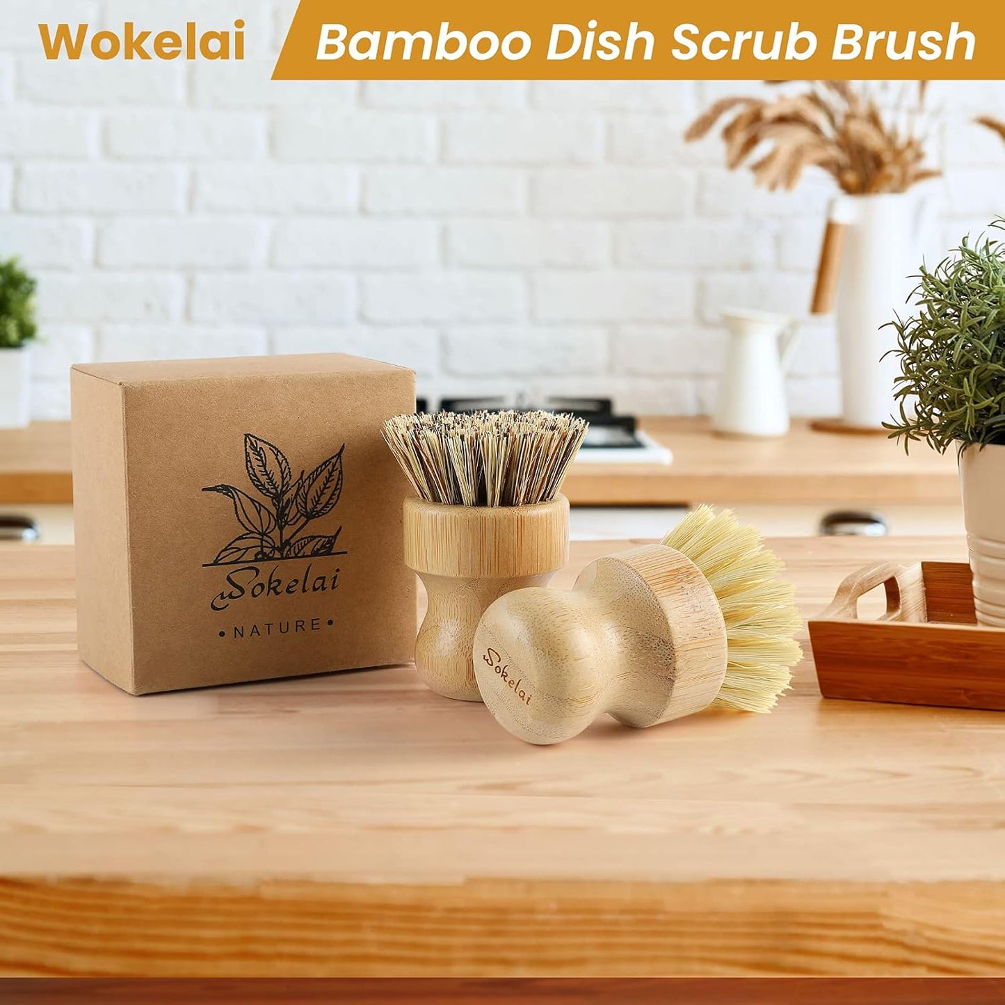 Bamboo Dish Scrub Brushes Set for Kitchen - Wooden Cleaning Scrubbers Brushes, Eco-Friendly Natural Dishes Washing Brush for Dishwashing Cast Iron Pots Pans Skillet Vegetables Sink, Set of 2