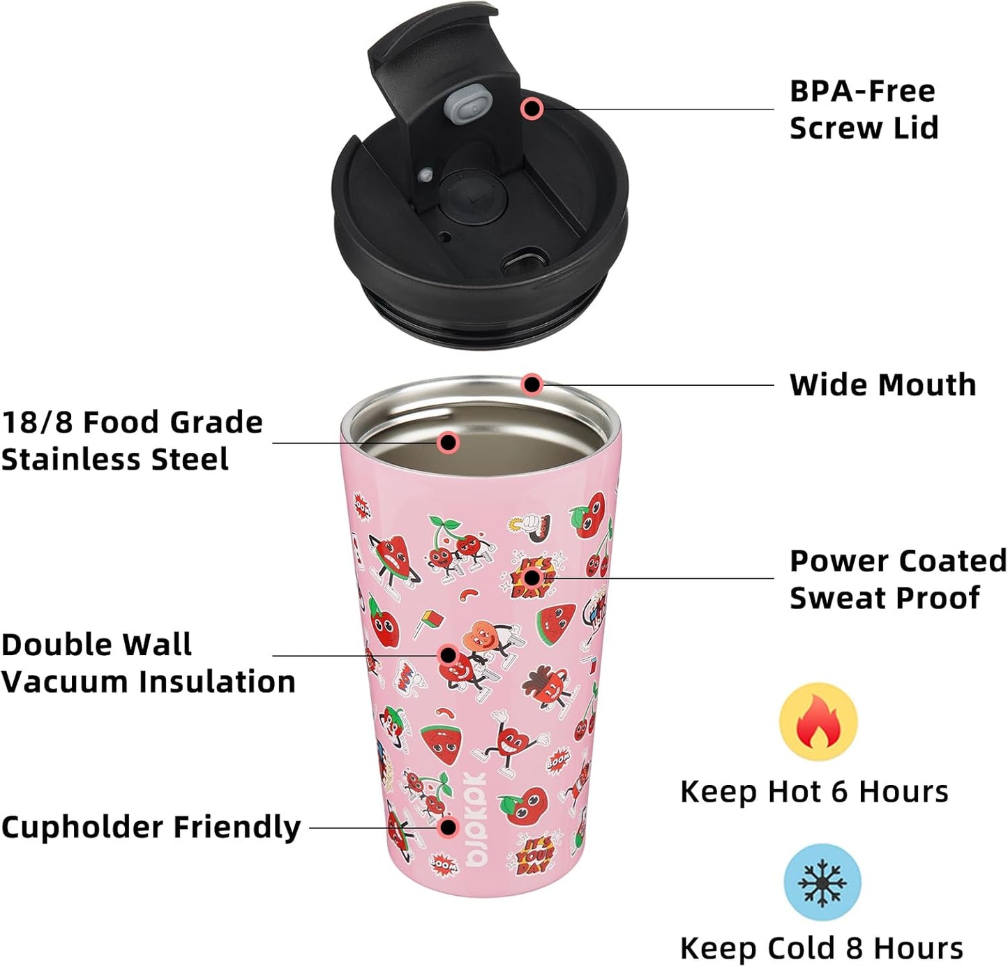 BJPKPK 18oz Stainless Steel Insulated Tumbler With lid And Straw Travel Coffee Thermal Tumblers Cup For Women And Men,Passionate Pink