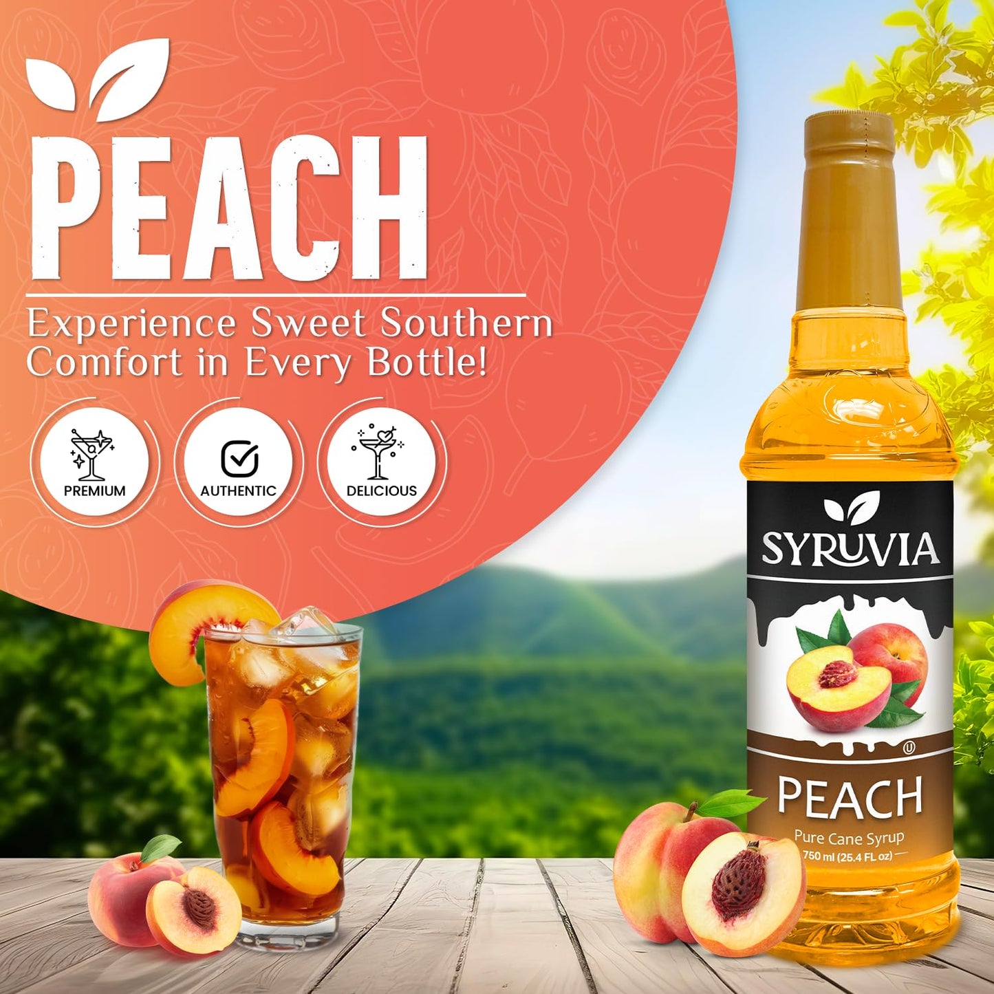 Syruvia Peach Syrup for Drinks 25.4 Ounces Peach Flavoring Syrup - Kosher, Gluten-Free, Ideal for Elevating Your Beverage Adventures