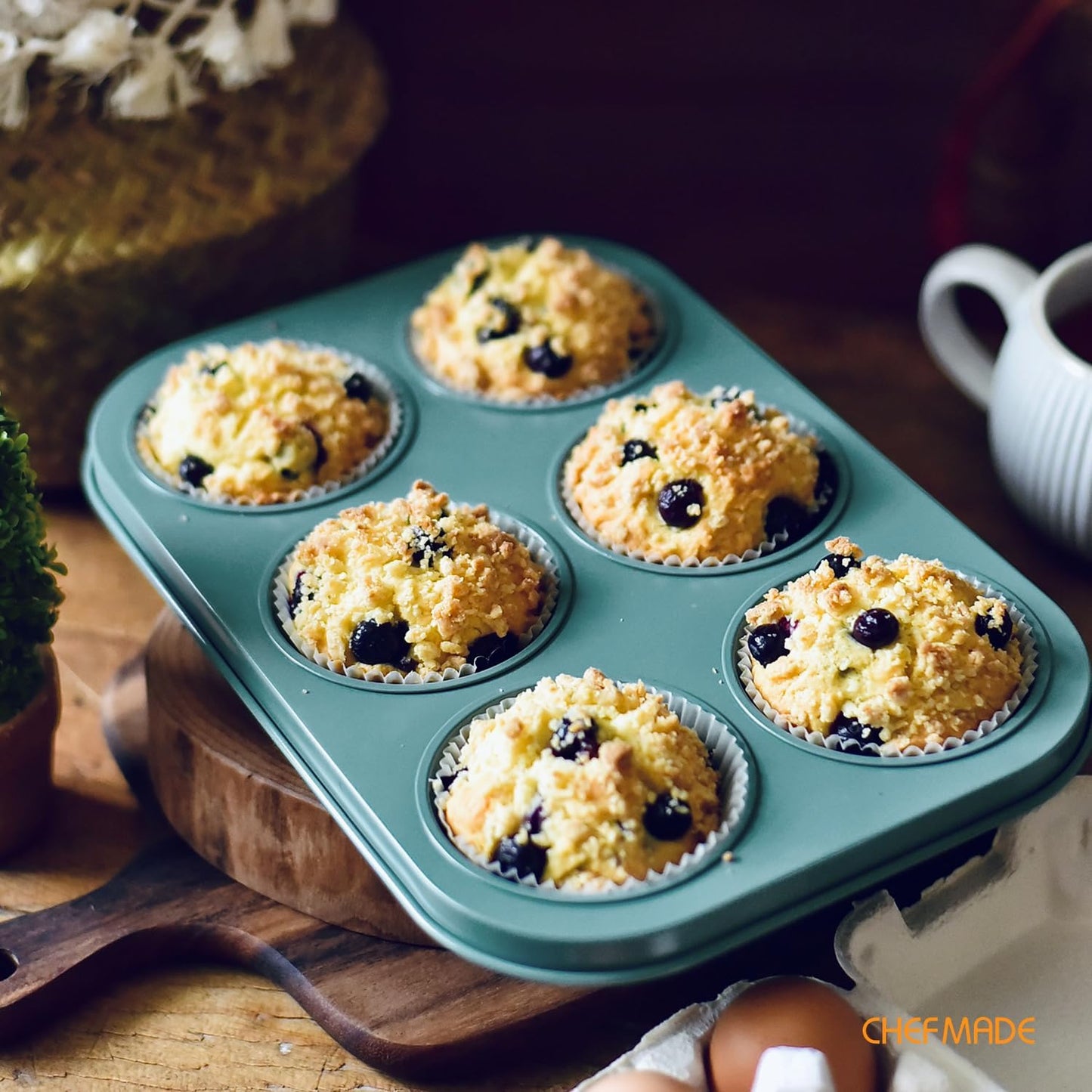 CHEFMADE Muffin Pan, 6-Cavity Non-Stick Cupcake Baking Pan Heavy Duty Carbon Steel Pan Muffin Tins Standard Baking Mold for Cakes（Green）