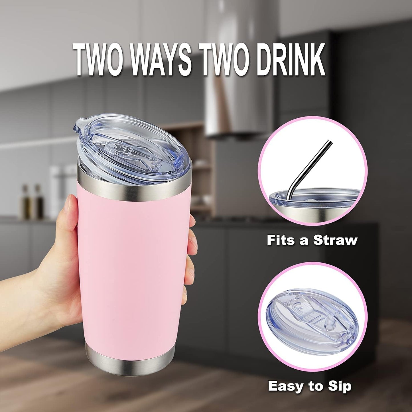 COMOOO 20oz Double Wall Vacuum Insulated Travel Mug, Stainless Steel Tumbler with Lid, Durable Powder Coated Insulated Coffee Cup for Cold & Hot Drinks (Pink, 1 Pack)