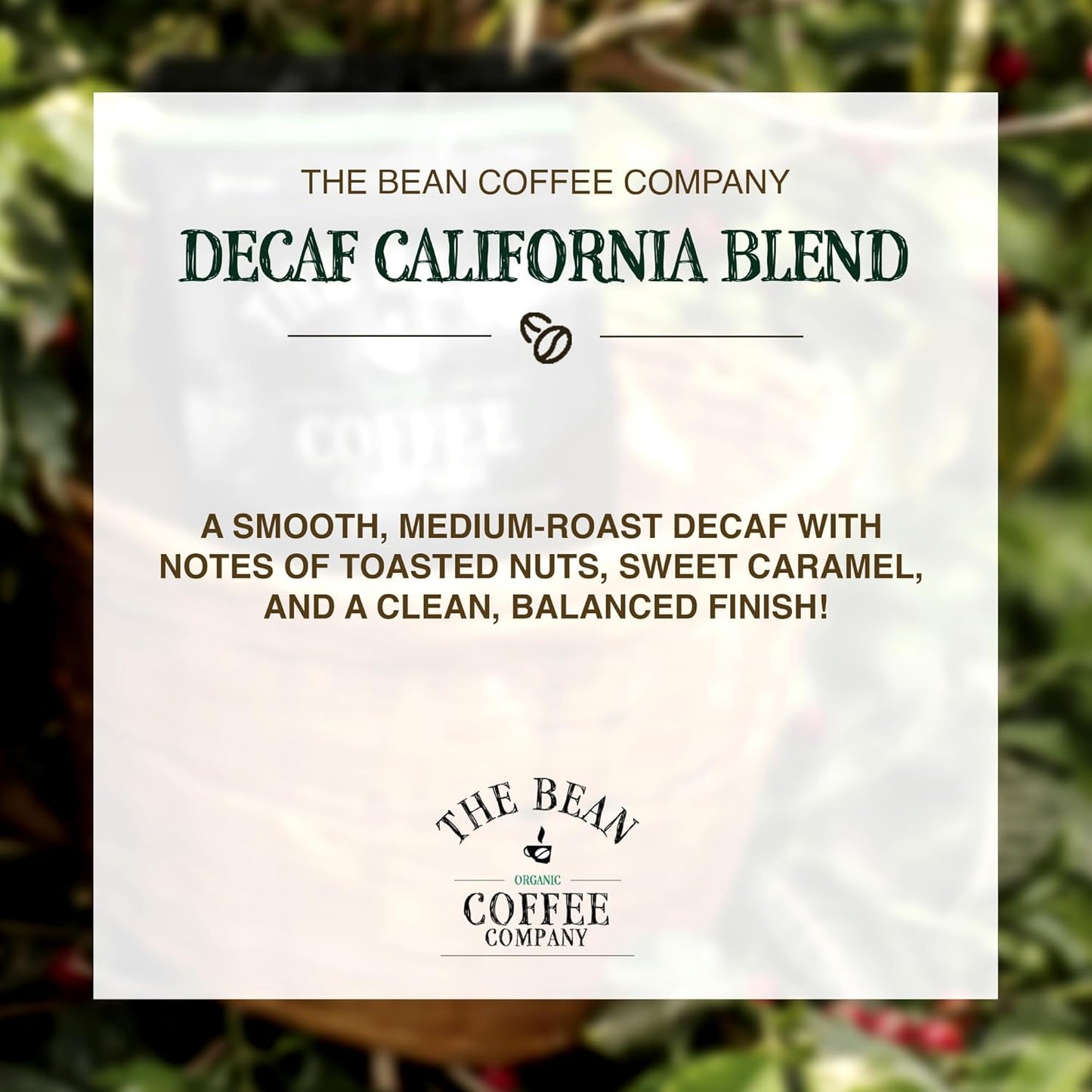 The Bean Organic Coffee Company Water Processed DECAF California Blend, Medium Roast, Whole Bean Coffee, 16-Ounce Bag