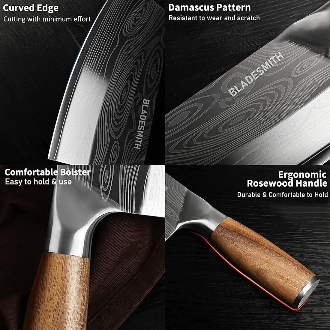 Cleaver Knife, Chinese Chef's slicing Knife, Razor sharp HC German Stainless Steel blade with lasered damascus pattern, pearwood Handle, Kitchen Gift