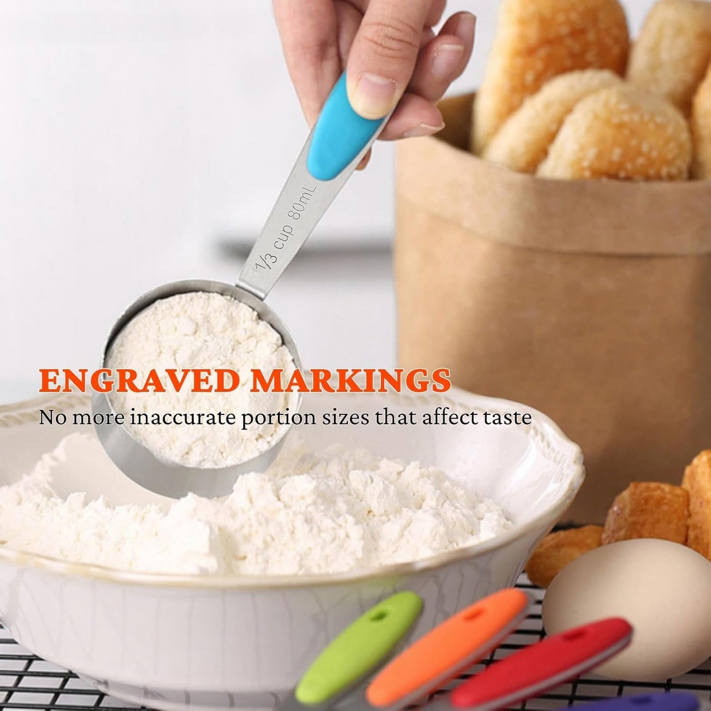 Stainless Steel Measuring Cups and Spoons Set of 16, 5 Measuring Cups with Colored Silicone Handles, 6 Nesting Spoons, 5 Mini Spoons, Kitchen Gadgets for Cooking & Baking, Dry and Liquid Ingredients