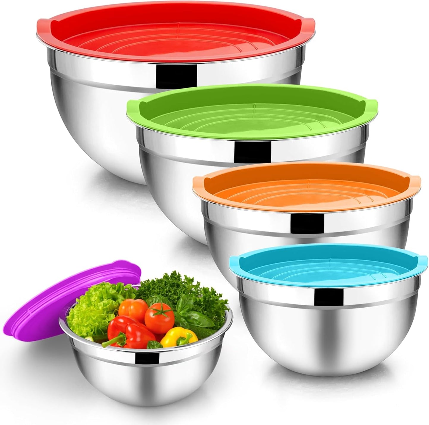 TeamFar Mixing Bowls, 4.5/3/1.5/1/0.7 QT, Stainless Steel Metal Nesting Salad Bowl with Lid Set of 5, Ideal for Prepping Serving, Healthy & Sturdy, Airtight Lid & Easy Clean, Multi-Color
