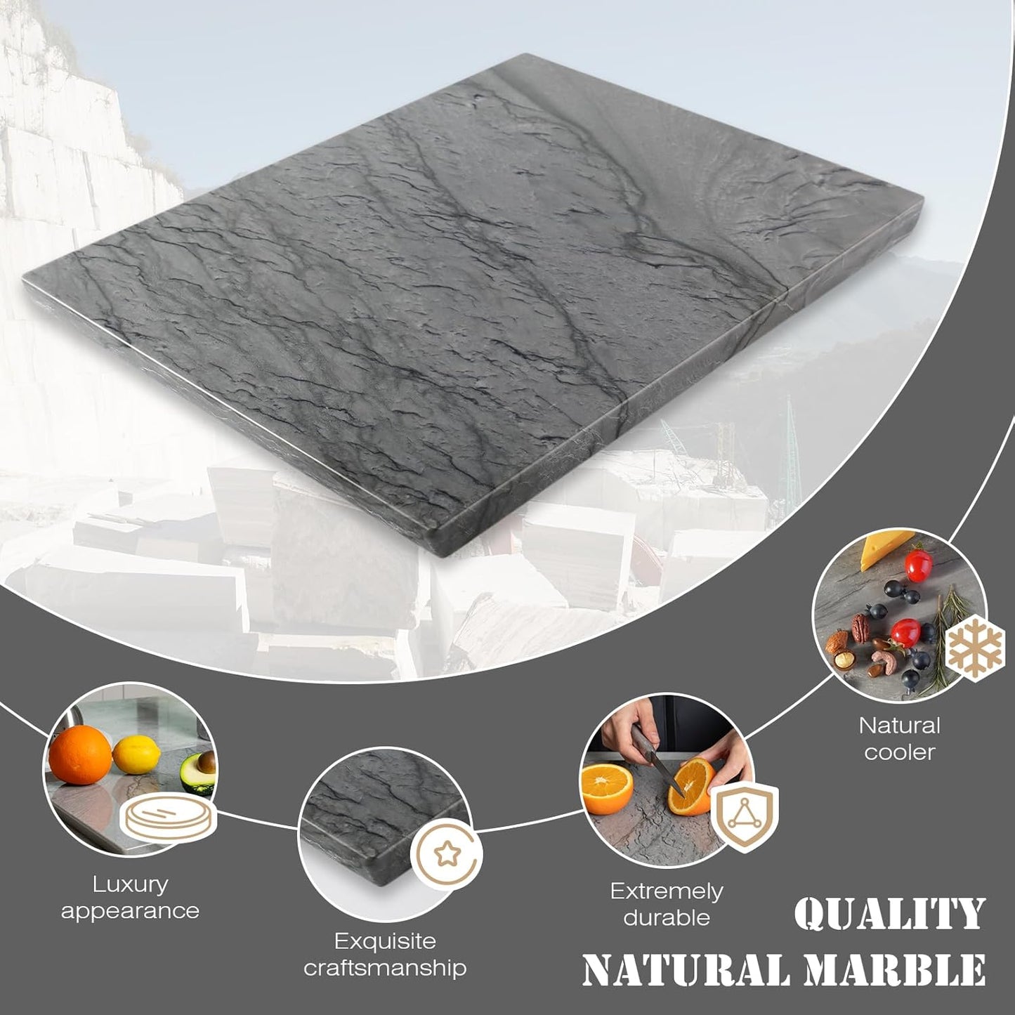 Koville Natural Marble Pastry Board for Kitchen, 16" x 12" Marble Tray Cutting & Charcuterie Board Slab for Countertop, Stone Cheese Resistant Pastry Tray, Rectangular Serving & Chopping Slab - Dark