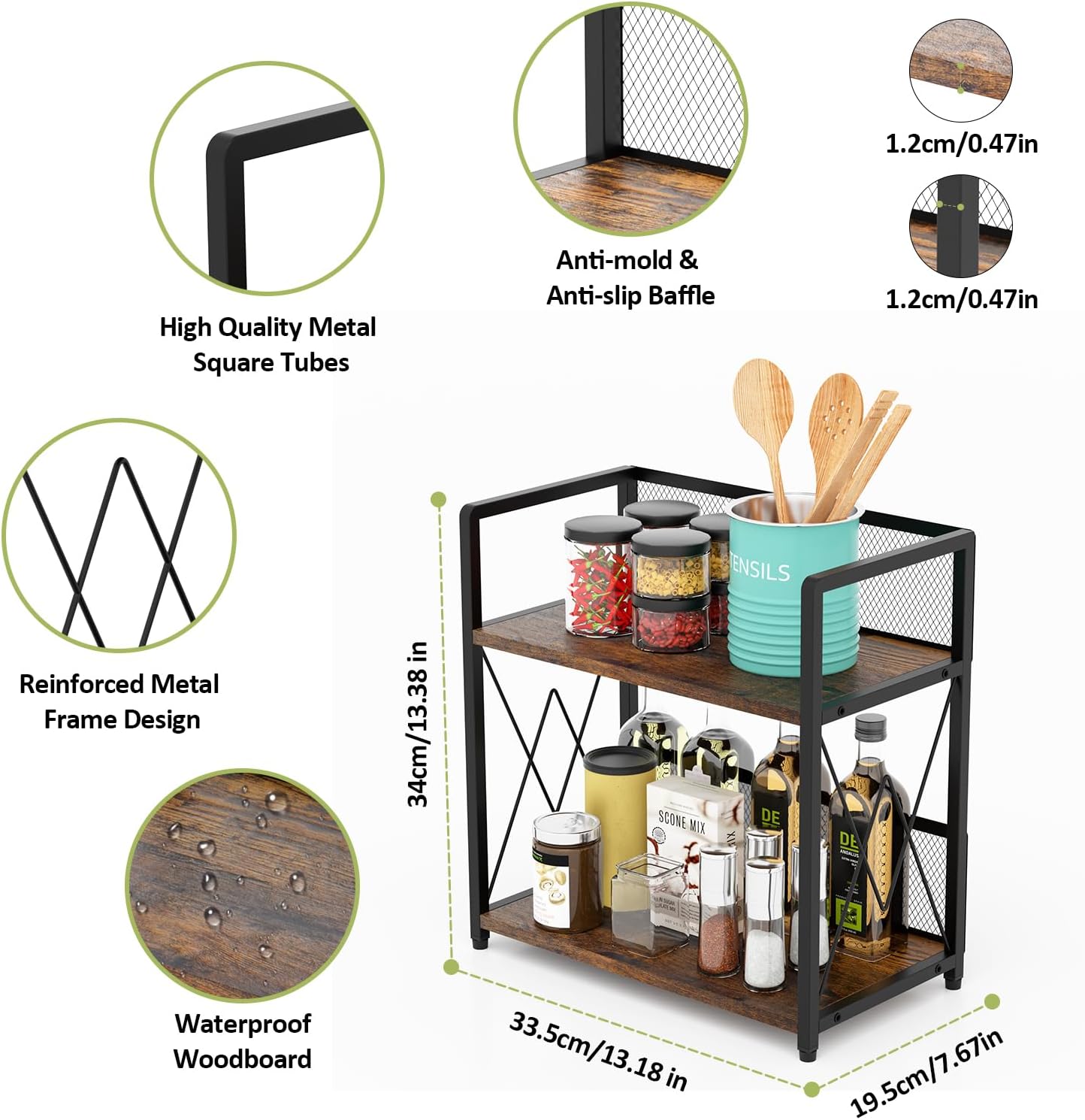 Aduanbang Coffee Bar Accessories Organizer, Seasoning Organizer, 2 Tier Wooden Kitchen Counter Shelf, Coffee Organizer Station for Countertop, Coffee Condiment Rack for Mugs, Cups, Cream, Syrup