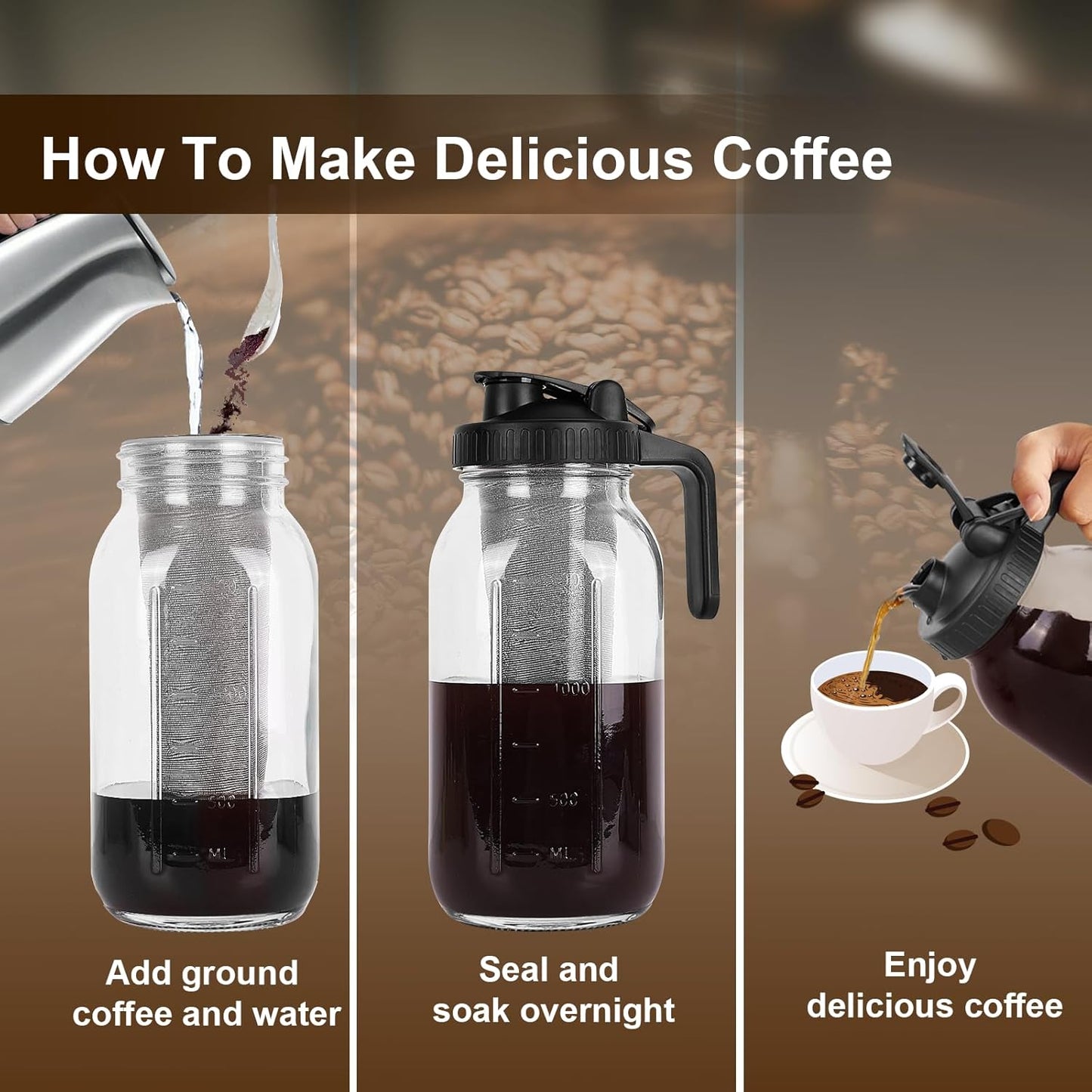 Cold Brew Coffee Maker - 64 Oz Heavy-Duty Glass Mason Jar Pitcher with Stainless Steel Filter, Leak-Proof Lid, Ergonomic Handle & Precision Pour Spout – Ideal for Iced Coffee, Tea, Cold Brew (Black)