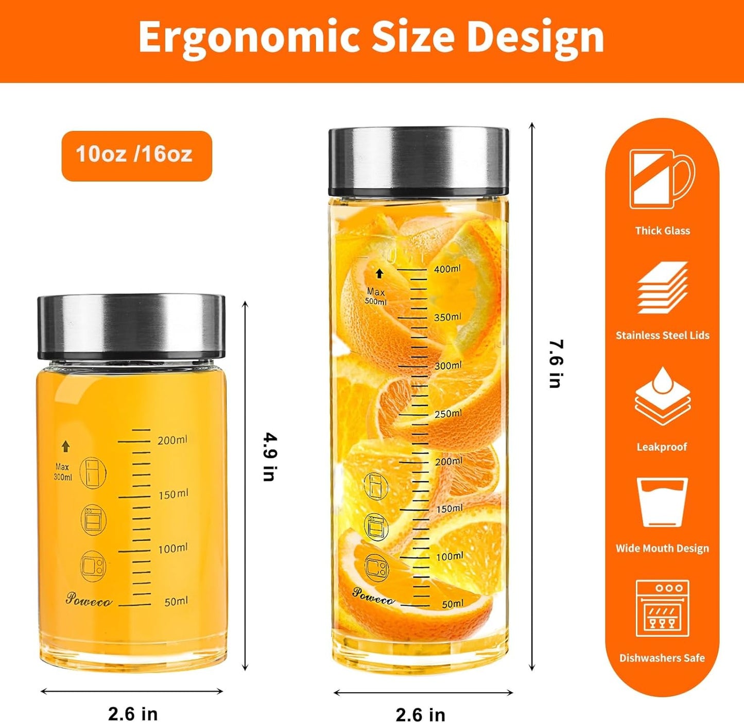 Glass Juice Bottles 6 Pack 10 oz - Wide Mouth Glass Water Bottles with Lids - for Juicing, Protein, Smoothie, Milk, Reusable, BPA Free, Stainless Steel Lids, Blender, Shaker Bottle (10oz/300ml)