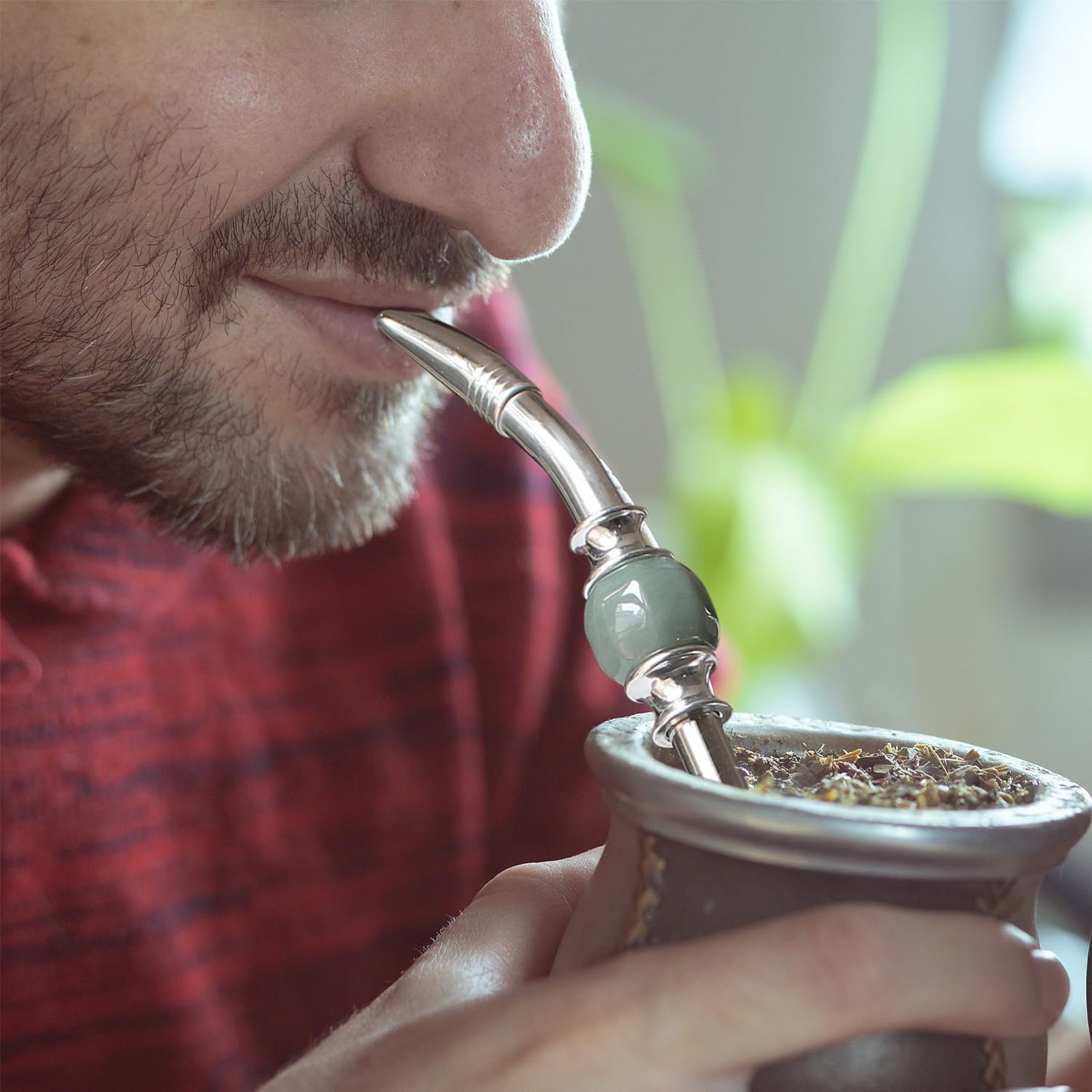 Reusable Bombilla Yerba Mate Straw - Stainless Steel Removable Spoon Style Filter with a Beautiful Bead - Metal Straw for Drinking Loose Leaf Tea - Includes Cleaning Brush(Light Grey)