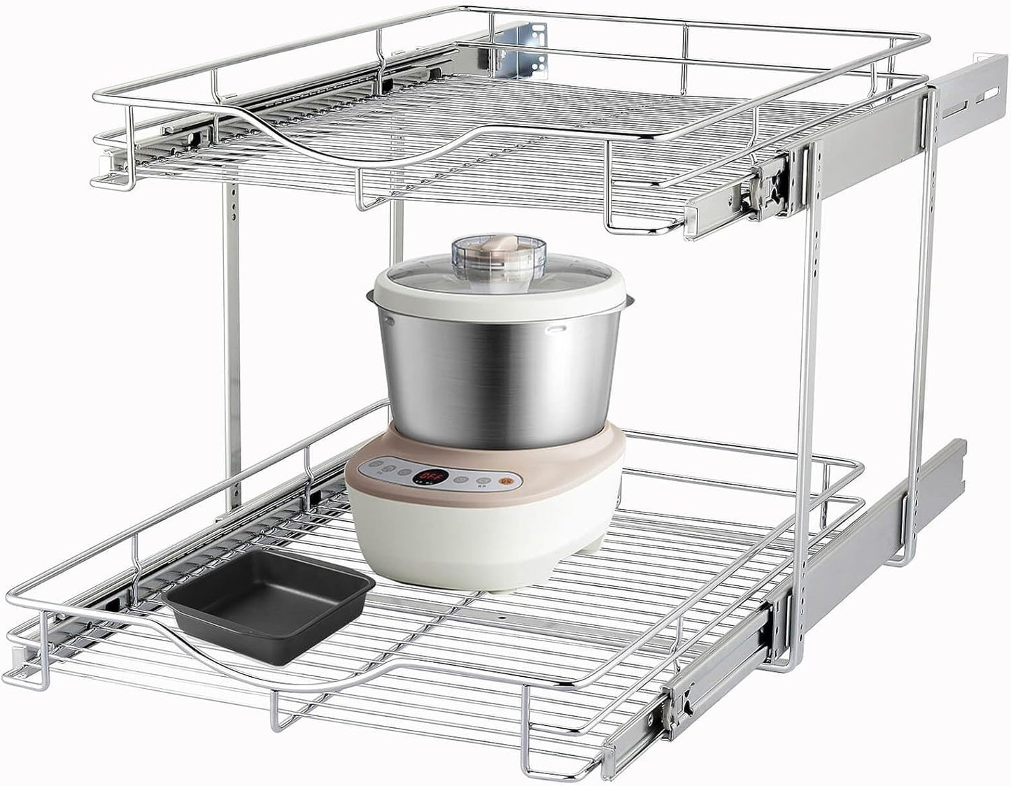 DINDON 2 Tier Pull Out Cabinet Organizer (17" W x 18" D) Heavy-Duty Metal Sliding Drawer Shelf, Two Tier Pull Out Shelves for Kitchen Cabinets, Pantry, Bathroom, Chrome Finish